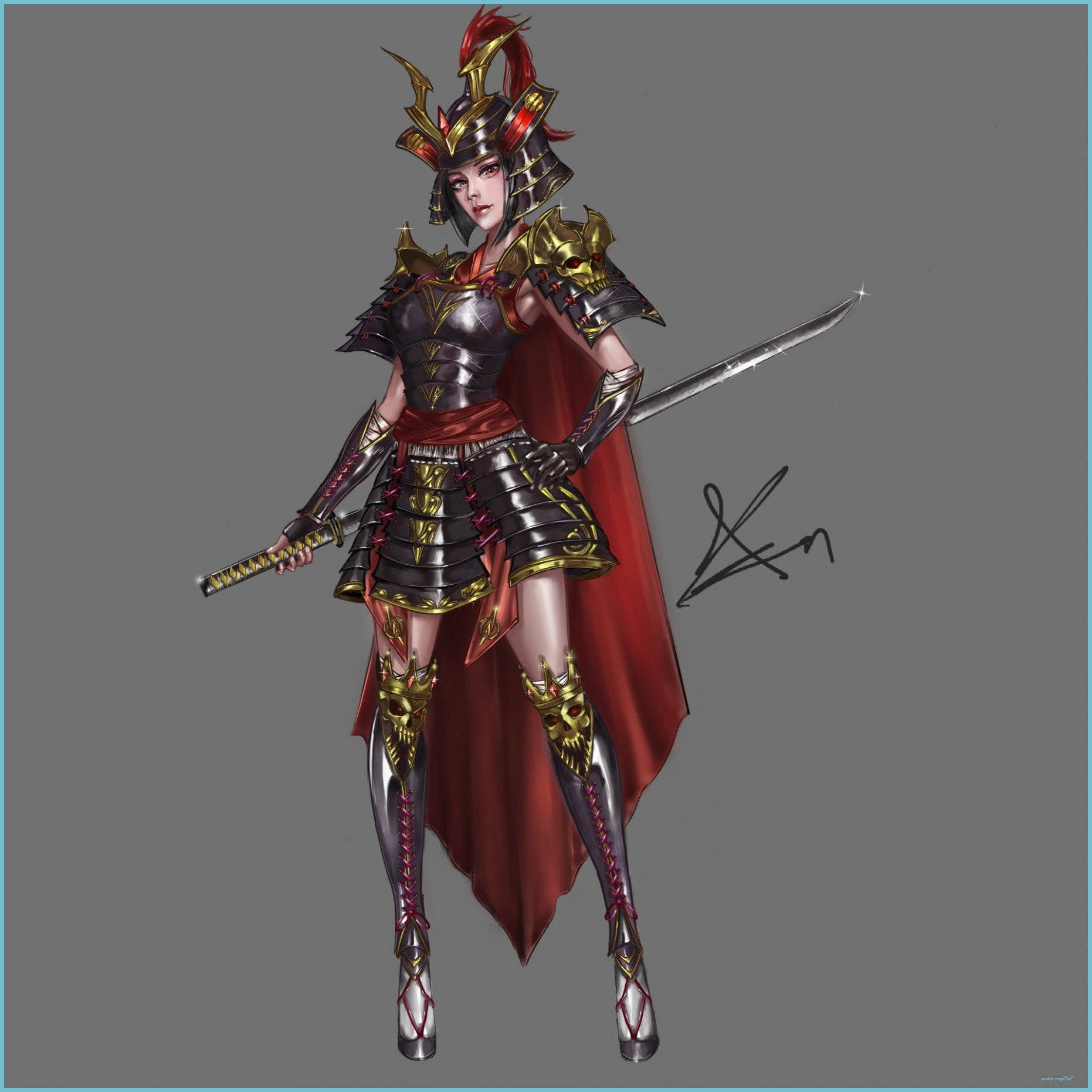 身穿精細盔甲的女武士，手持劍和紅色斗篷。