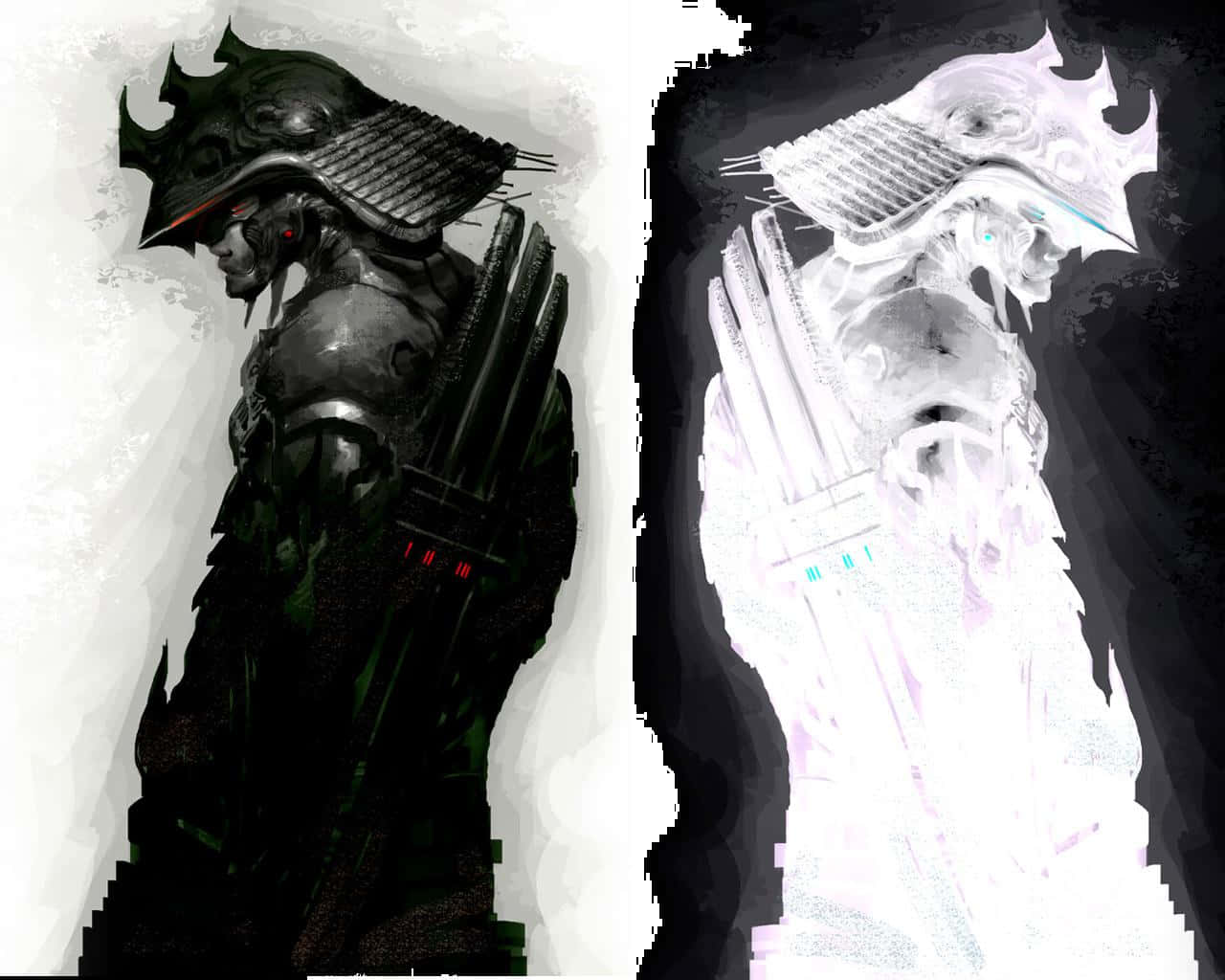 兩名未來風格的武士戰士，身穿深色和淺色盔甲並肩而立。