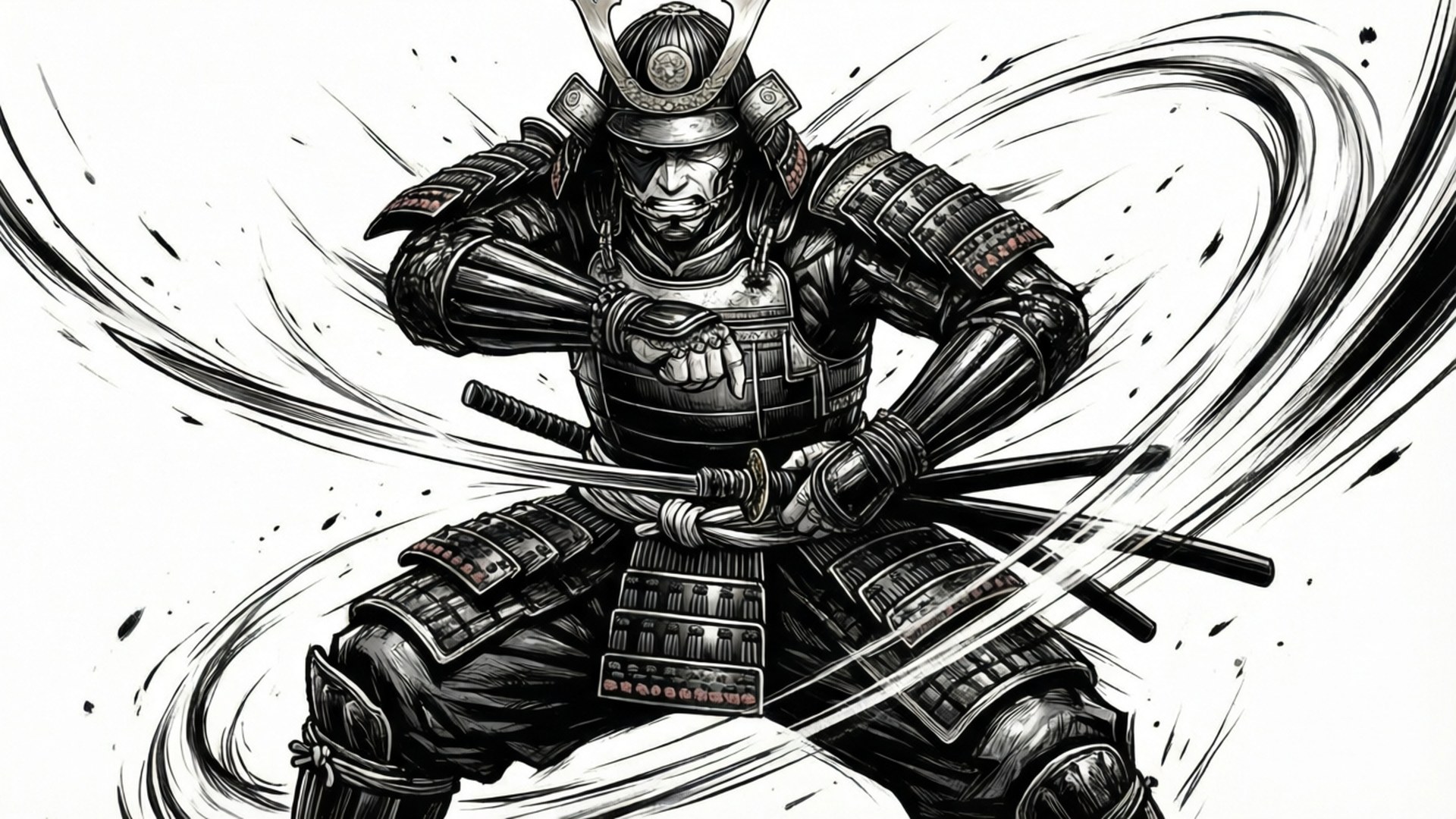 身穿精細盔甲的武士手持刀，帶有運動線條。