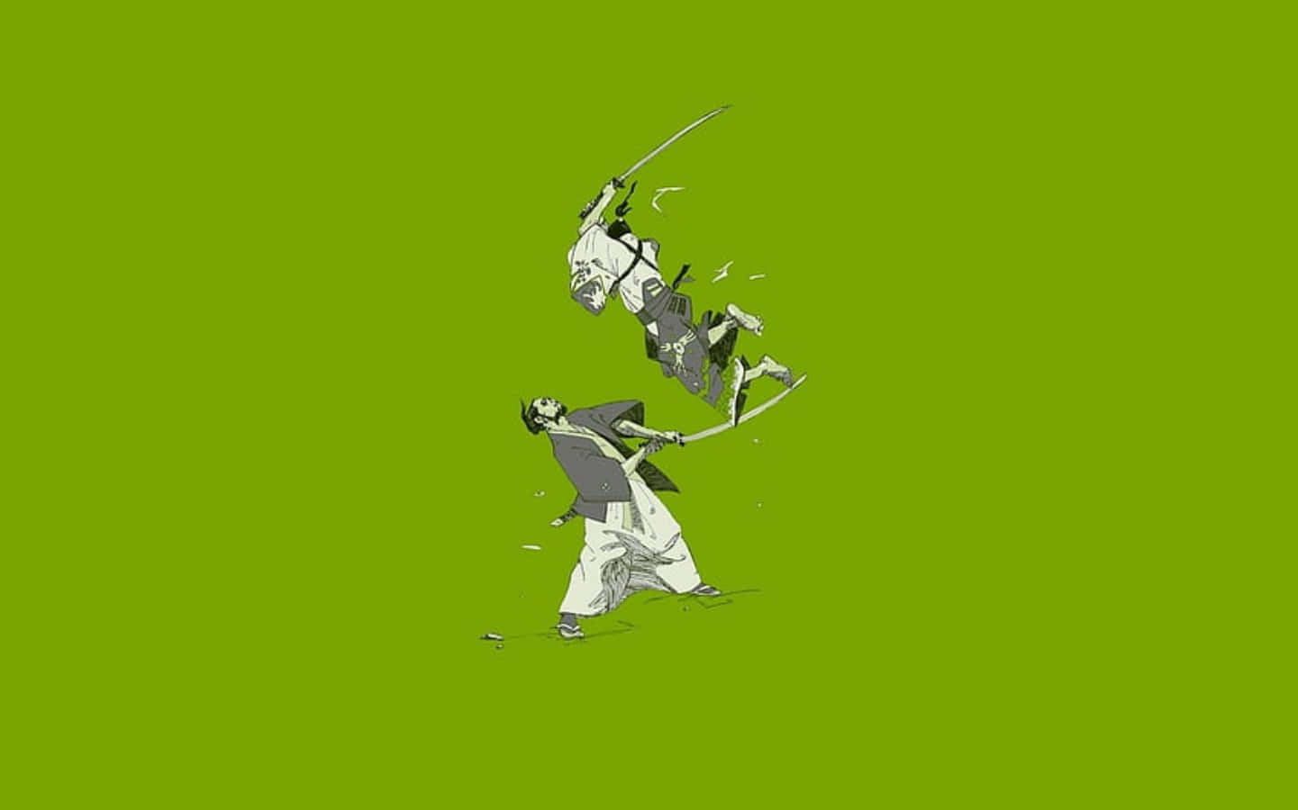 兩位武士戰士在綠色背景下進行半空中劍術對決。