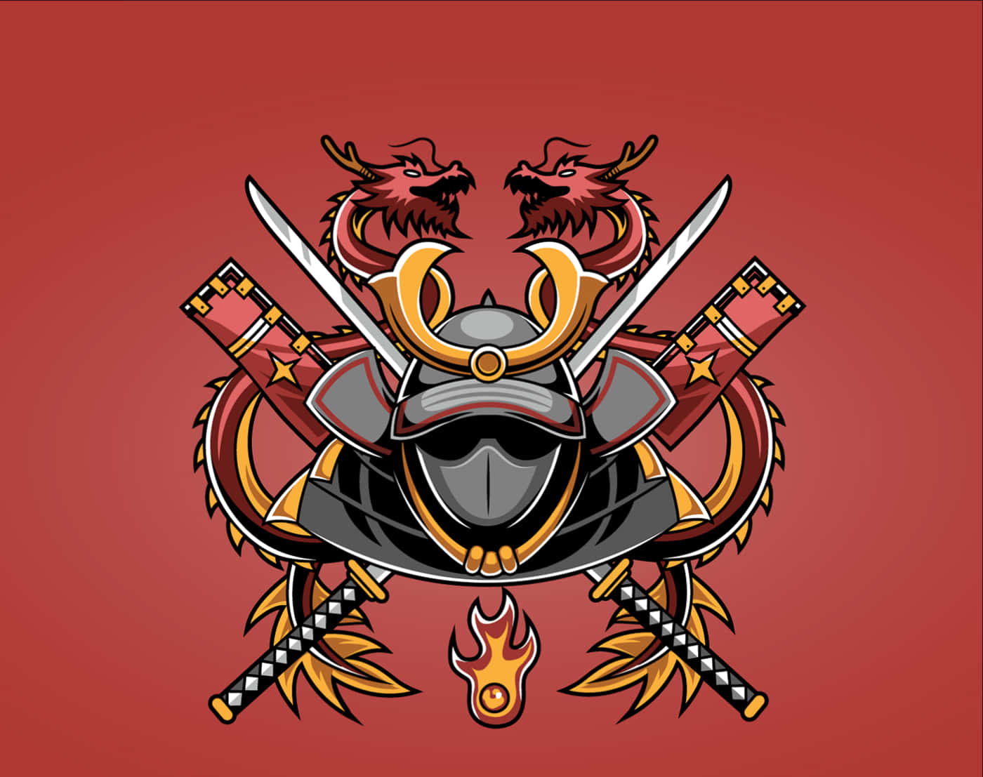 武士頭盔，帶有交叉的劍和龍，背景為紅色。