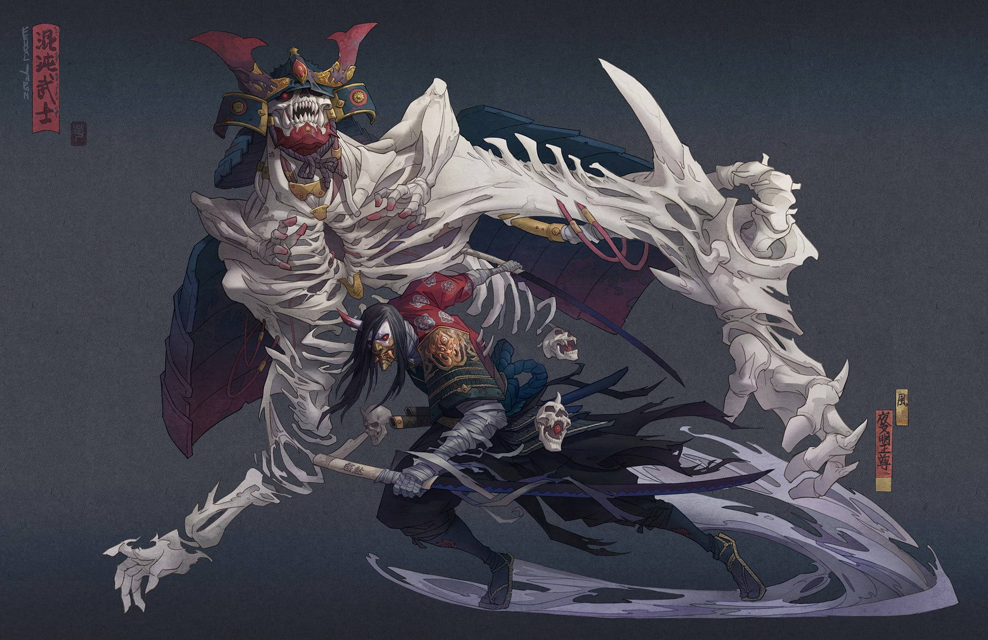 武士死亡騎士數位藝術 壁紙 — 一名身穿暗色鎧甲的武士戰士，在陰鬱的灰色背景下，與一個戴著紅色面具、身穿飄逸白袍的巨型骷髏鬼戰鬥。