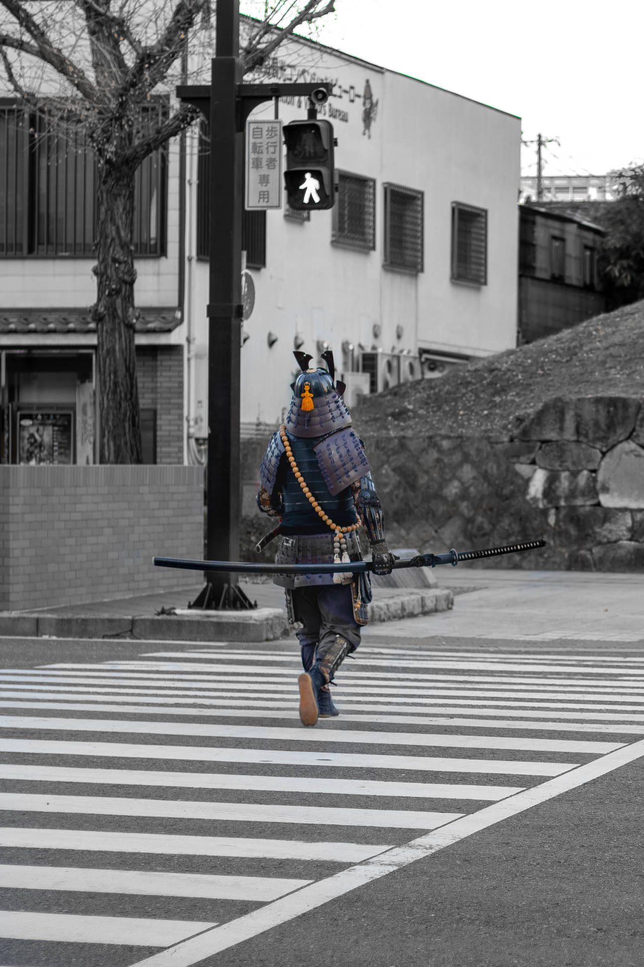身穿傳統盔甲的武士在行人過路處橫過城市街道。