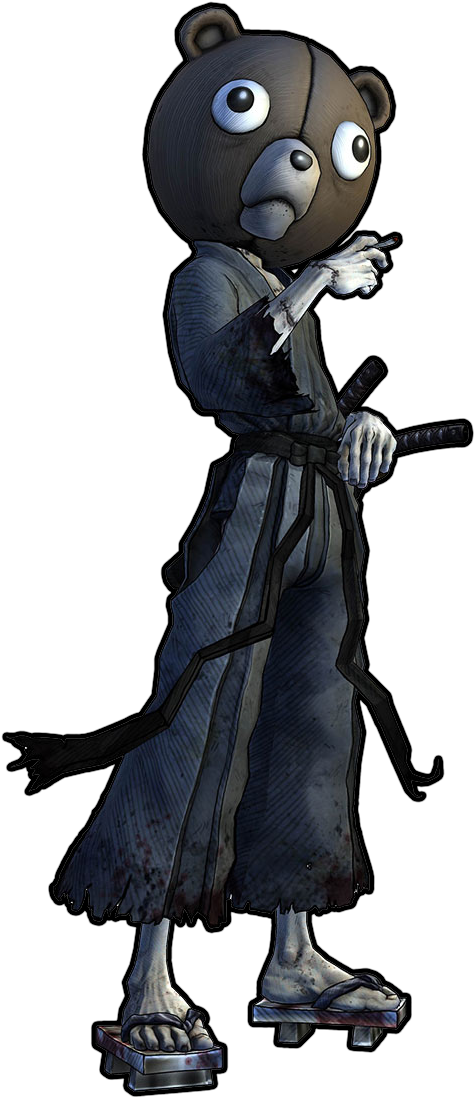 武士熊角色插畫 壁紙 — 一隻卡通熊穿著破爛的灰色長袍，在黑色背景前握著一把武士刀。