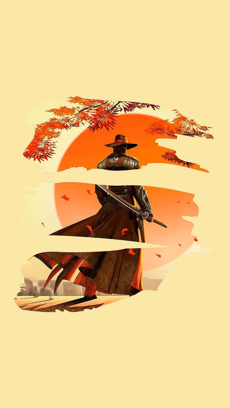 武士戰士在夕陽下秋葉中持劍。