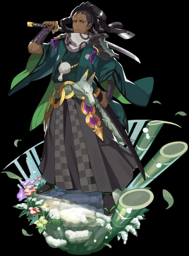 武士狐狸靈魂藝術 壁紙 — 一位戴著狐狸面具、手持劍的武士戰士站在被竹子和花朵環繞的雪岩上。