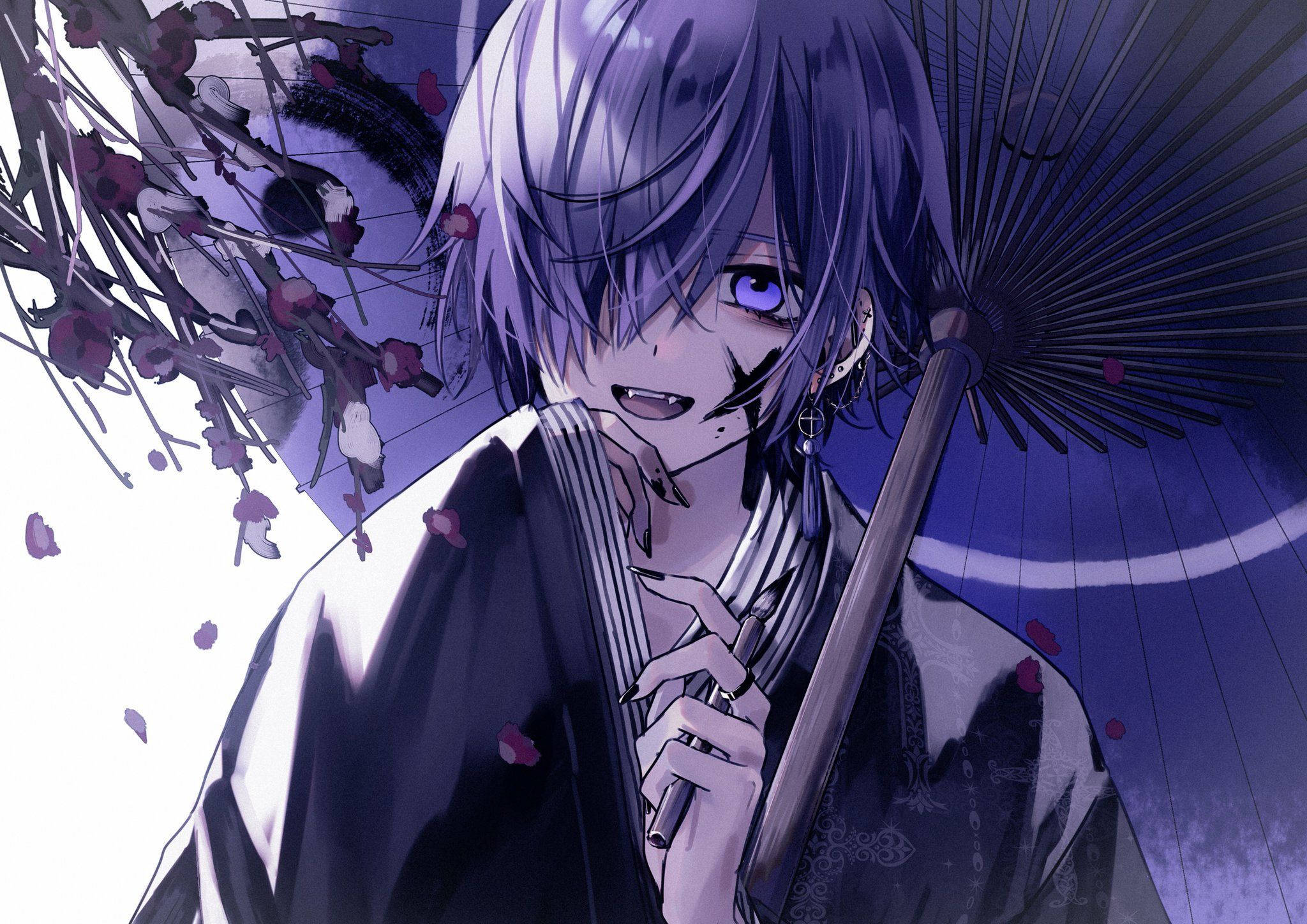 武士男孩酷炫動漫頭像 壁紙 — 一個紫髮動漫男孩穿著深色和服，撐著黑色雨傘，櫻花在他周圍飄落，背景是憂鬱的黃昏天空。