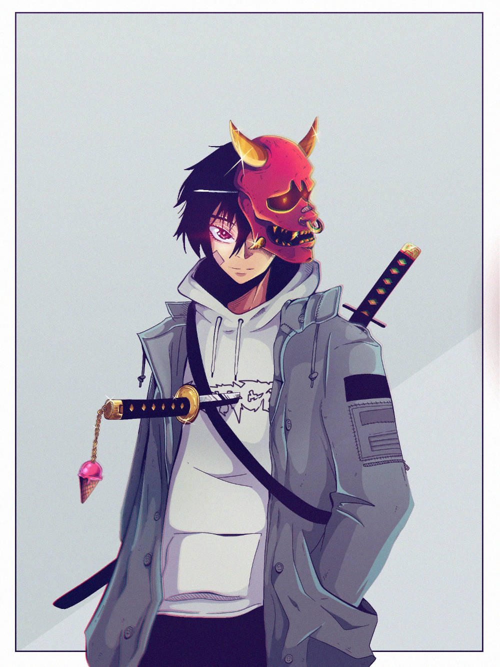 動漫男孩戴著紅色惡魔面具和武士刀，手持雪糕筒流蘇。