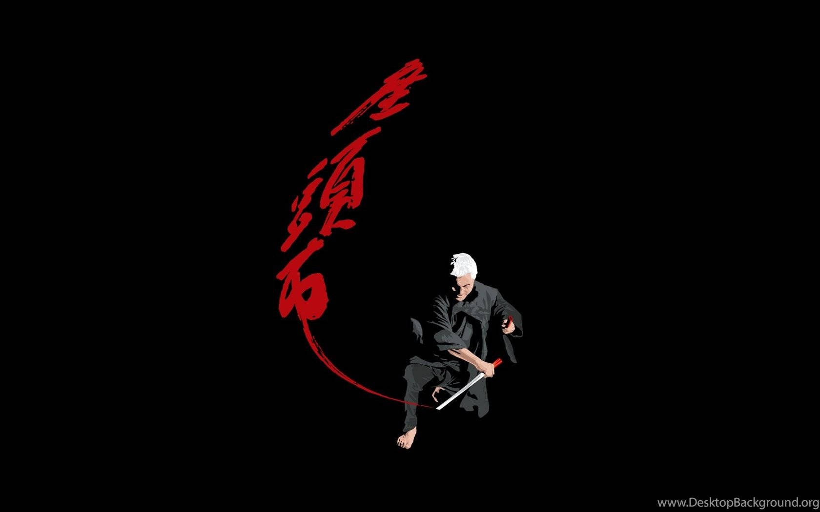 動漫白髮武士持劍，黑色背景配紅色書法。