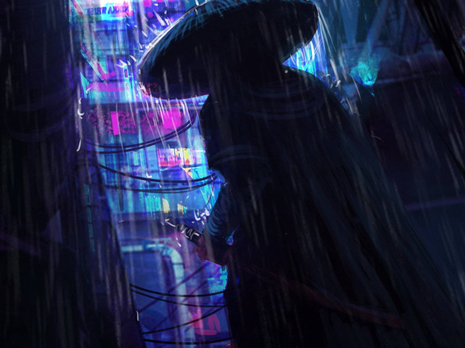 一個撐著雨傘的人在發光的霓虹招牌下雨中行走的剪影。