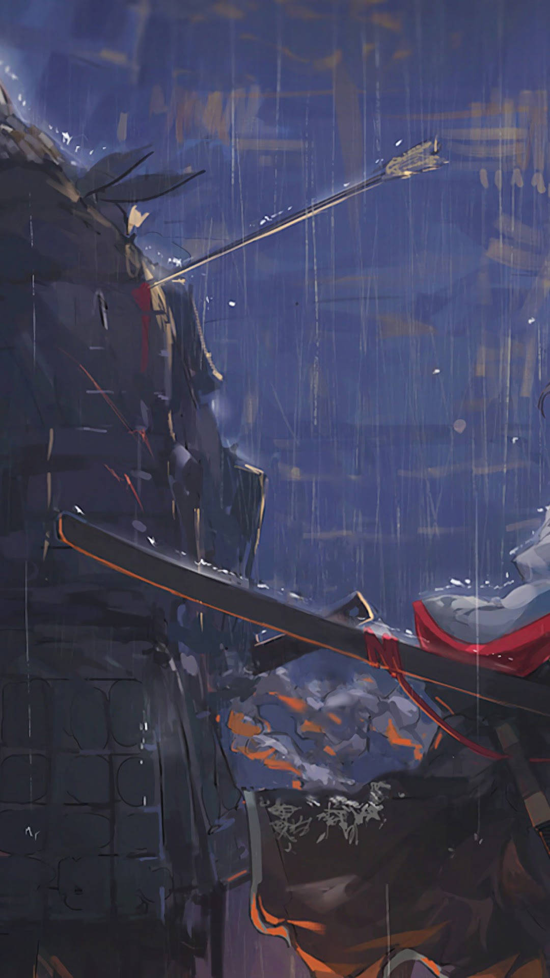 武士在雨中，在藍色和橙色燈光下手持弓和劍。