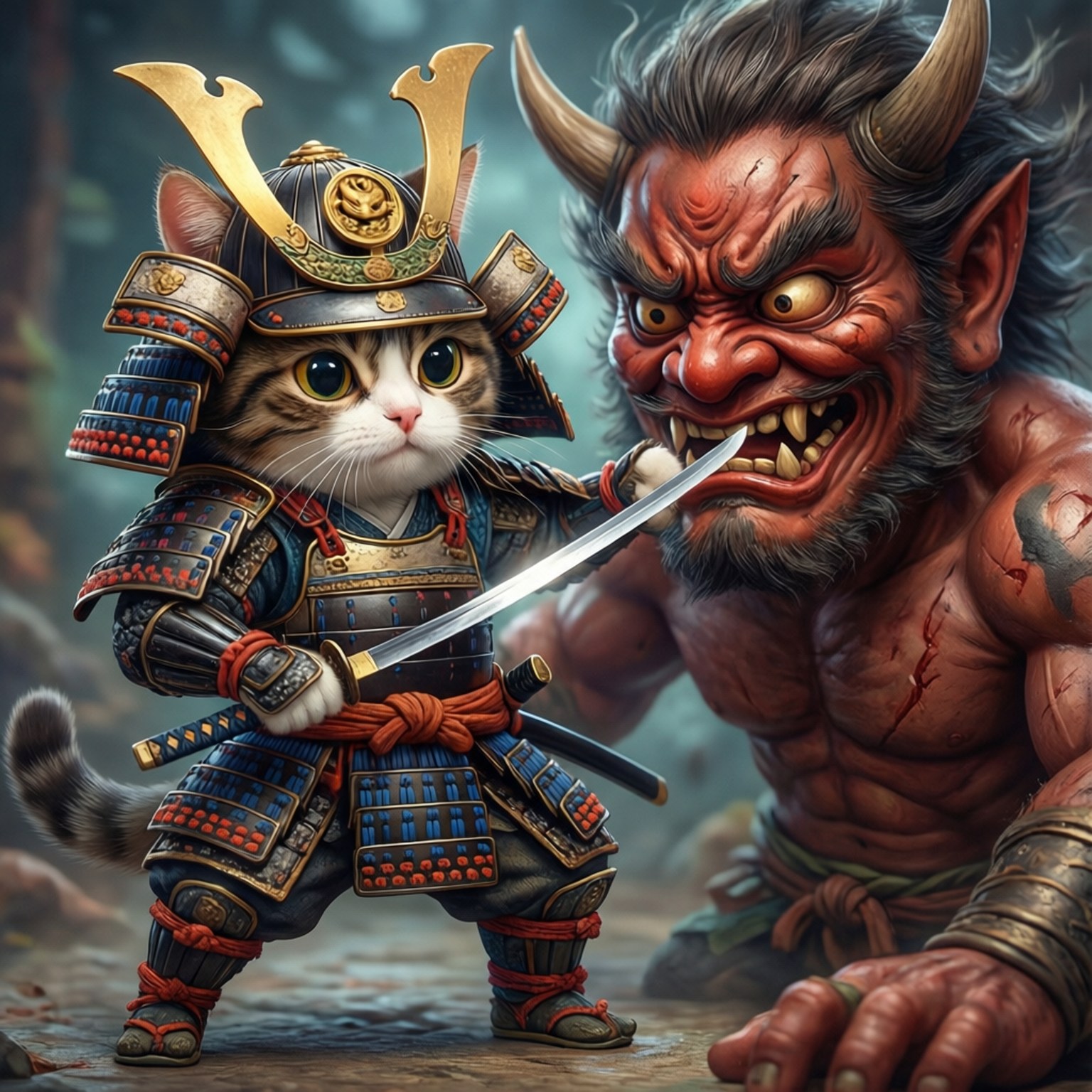 武士貓對戰鬼 壁紙 — 一隻身穿華麗盔甲的小武士貓，拔劍挑釁地面對一隻長有角和獠牙的巨型紅色惡魔。