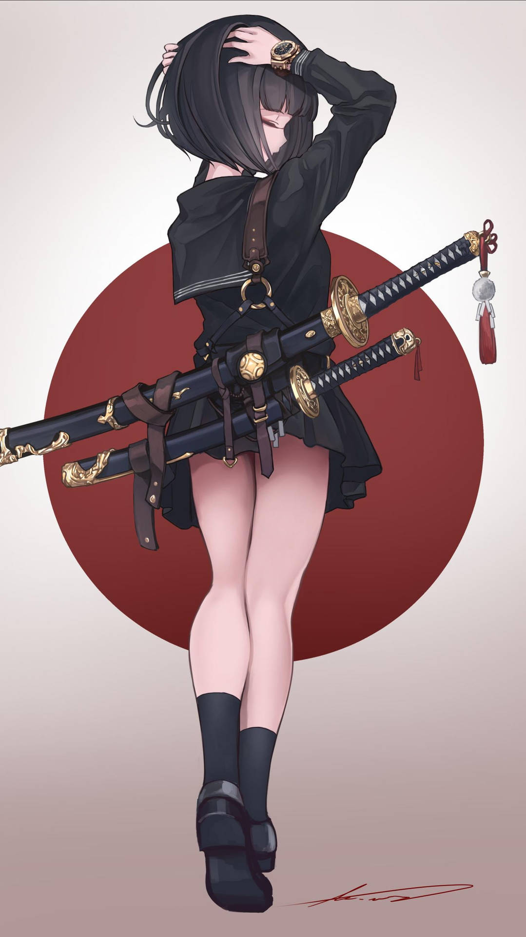 動漫女孩持劍穿黑衣在紅色圓形背景前