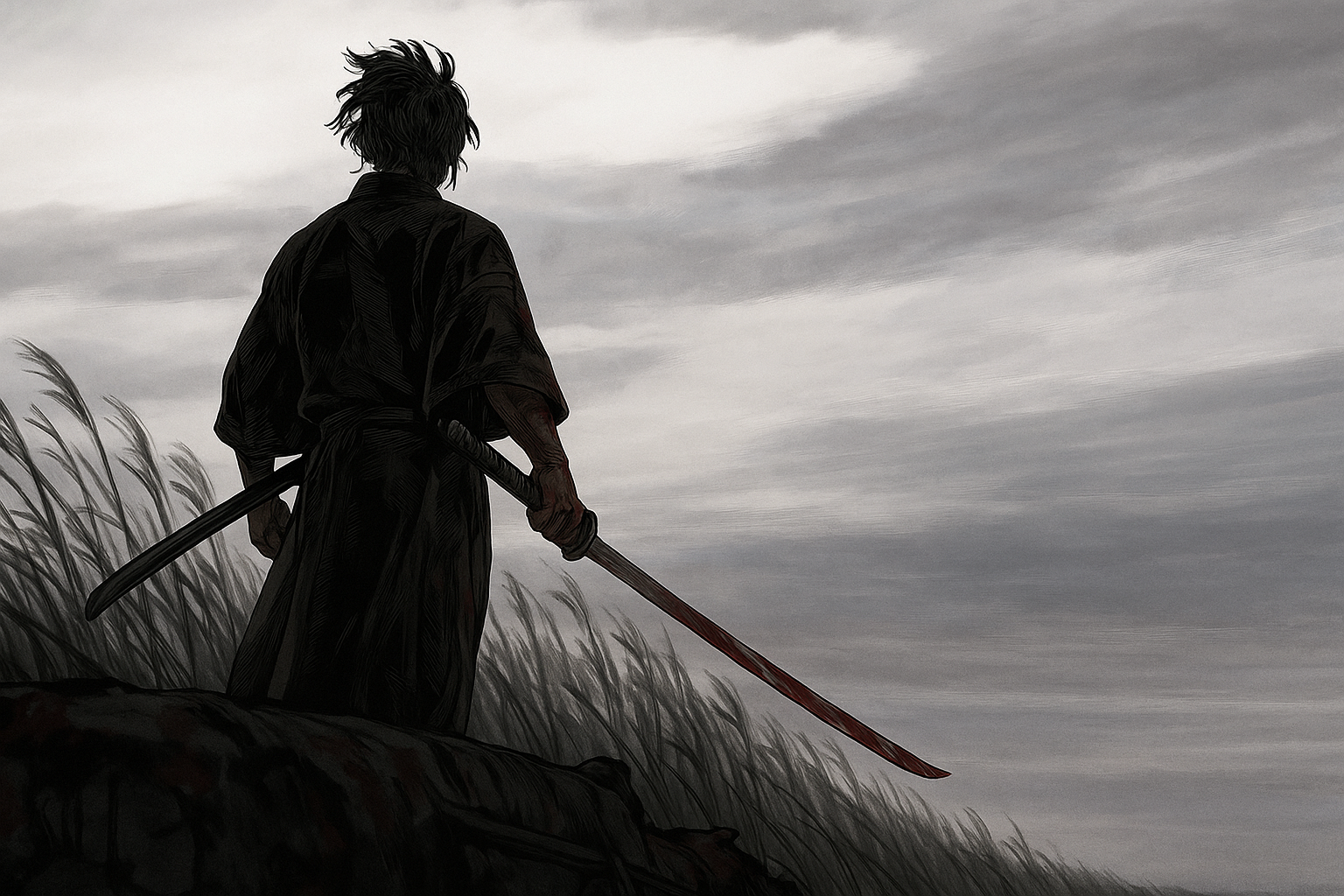 武士高品質壁紙 壁紙 — 一個孤獨的武士站在懸崖邊，緊握著沾血的武士刀，頭頂上暴風雲聚集。