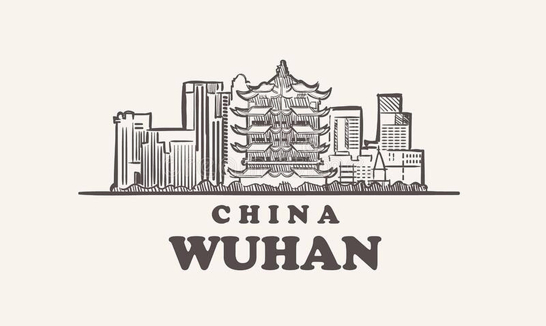 武漢中國塔藝術 壁紙 — 手繪草圖，融合傳統寶塔和現代摩天大樓的武漢天際線，下方有粗體文字。