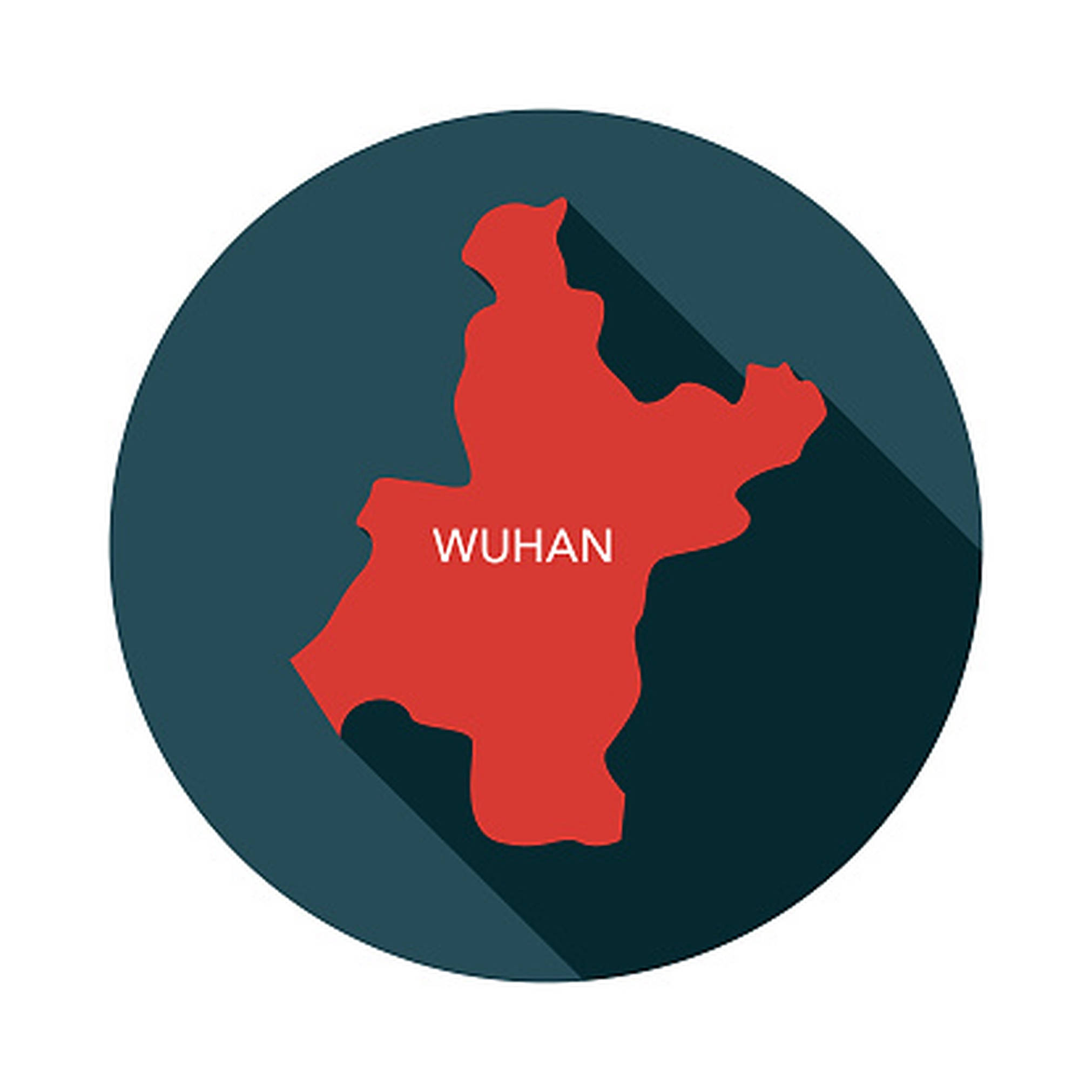 武漢圓形地圖標誌 壁紙 — 一個平面設計圖標顯示紅色武漢地圖輪廓，在深青色圓圈內帶有長陰影。