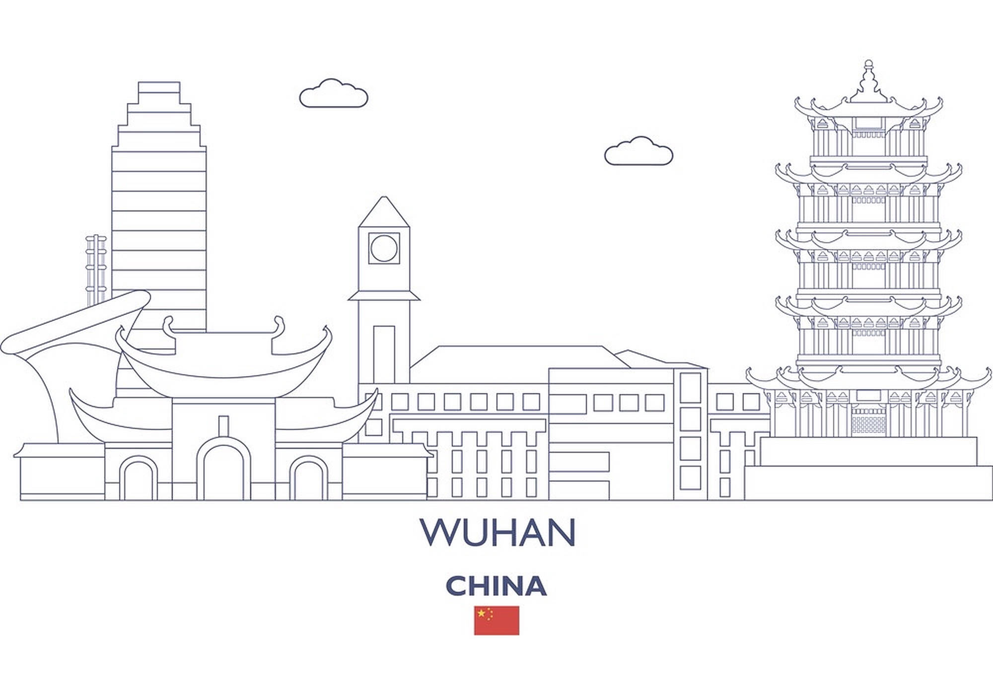 武漢城市極簡藝術 壁紙 — 中國武漢的極簡線條藝術天際線，包含傳統寶塔、現代塔樓和鐘樓，點綴稀疏雲朵。