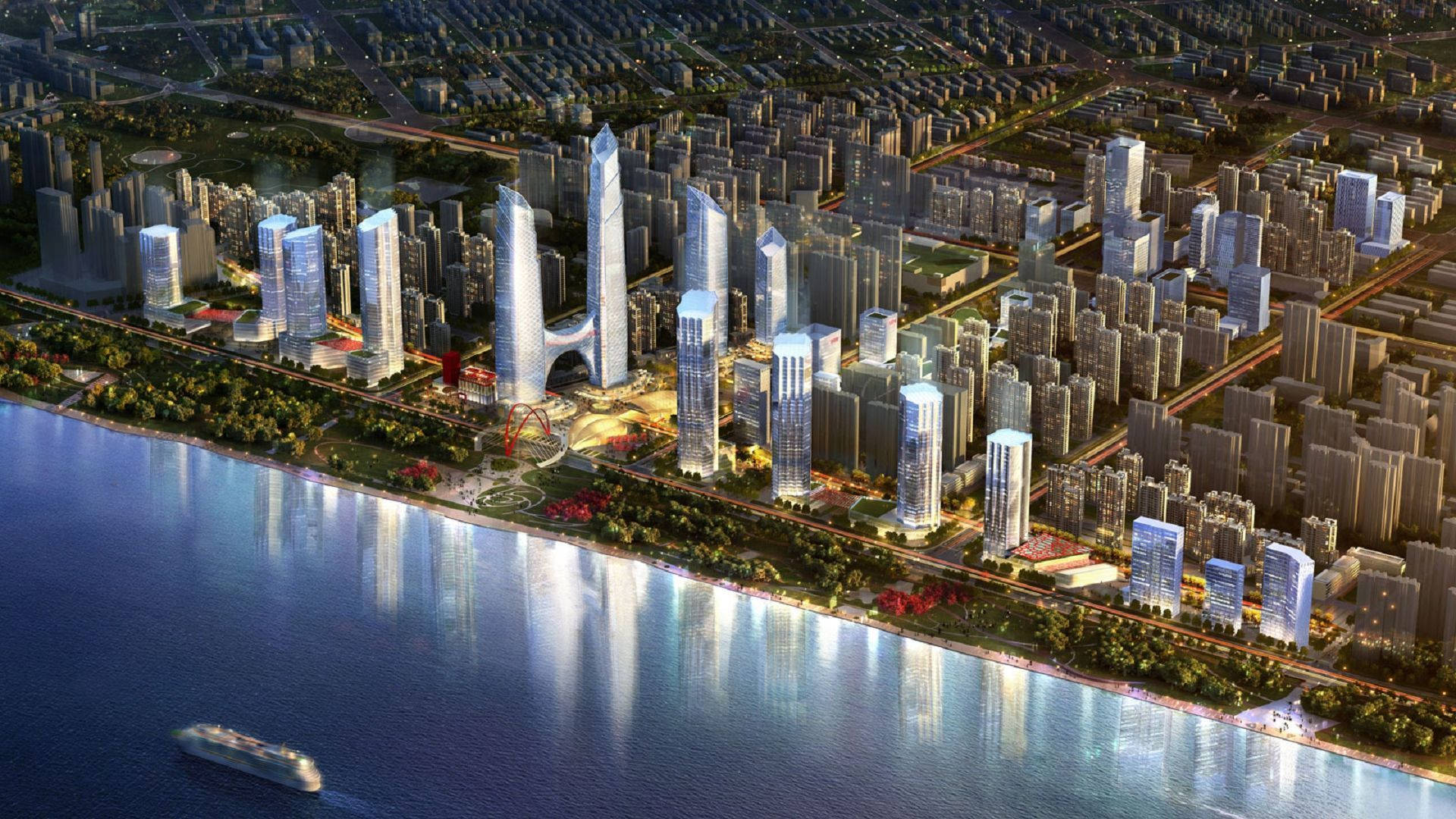 武漢城市海岸線 壁紙 — 黃昏時分未來城市景觀的鳥瞰圖，發光的摩天大樓倒映在平靜的河面上，一艘遊輪駛過。