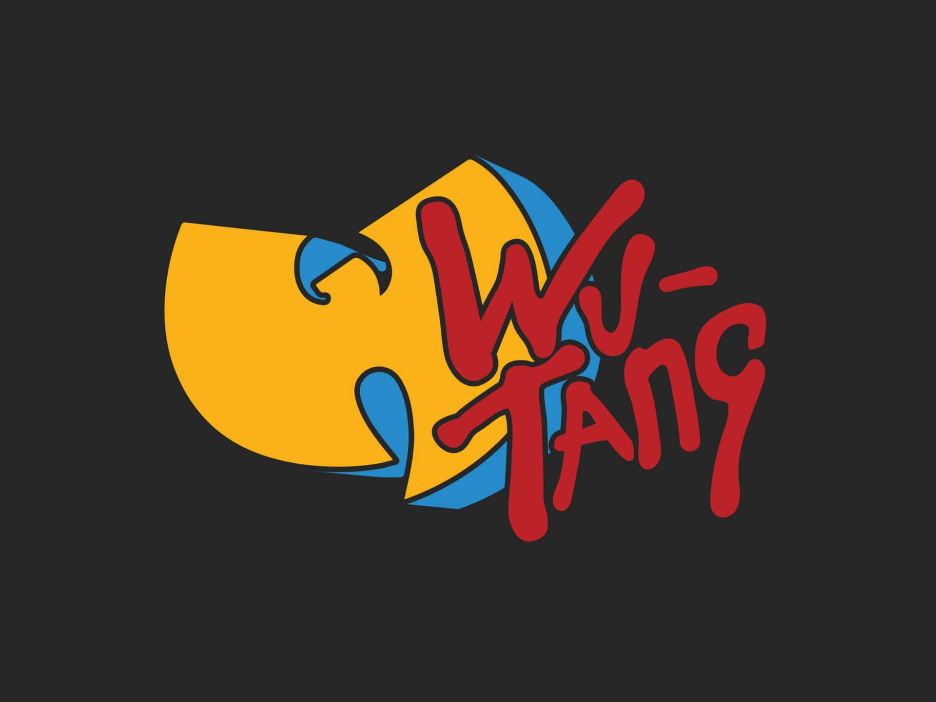 深灰色上帶有黃藍符號和紅色文字的Wu-Tang Clan標誌。