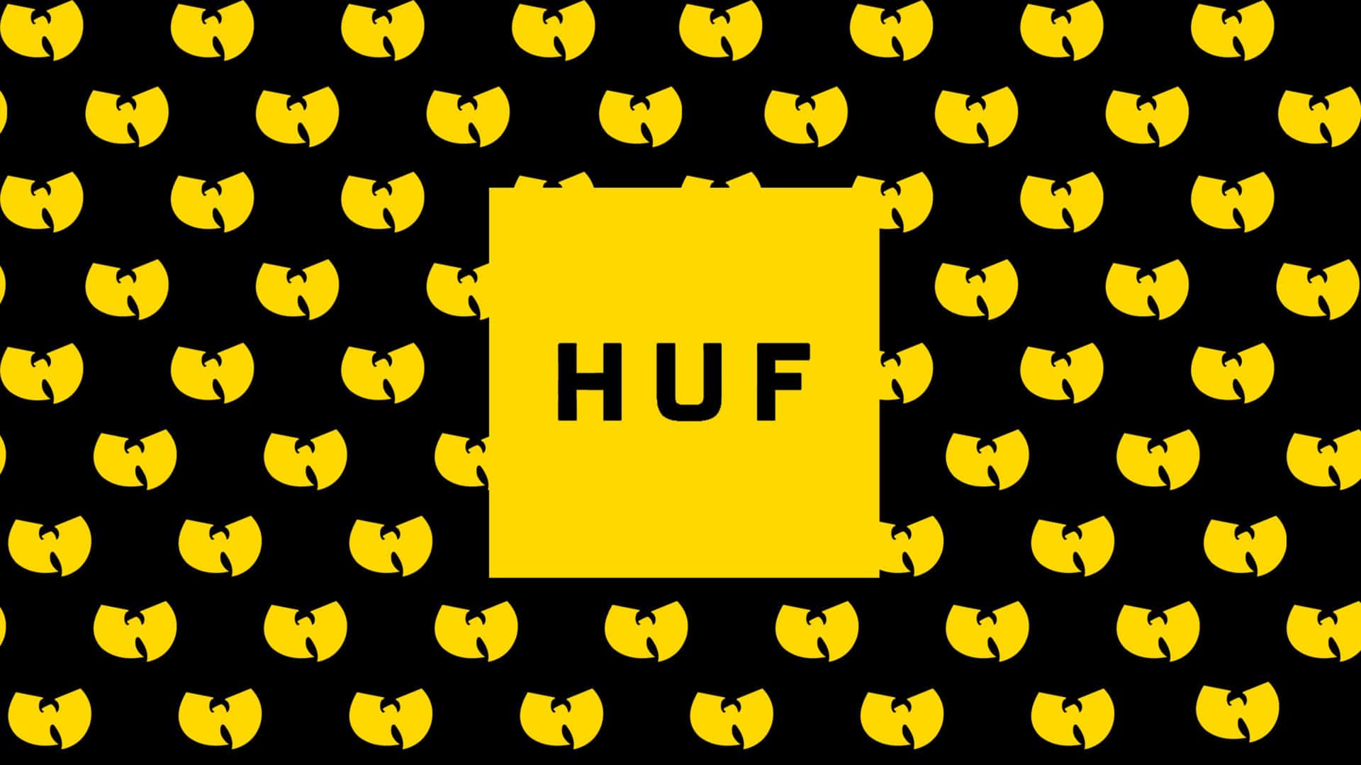 黑色背景上重複的黃色Wu-Tang Clan標誌和中央的黃色HUF標誌正方形。