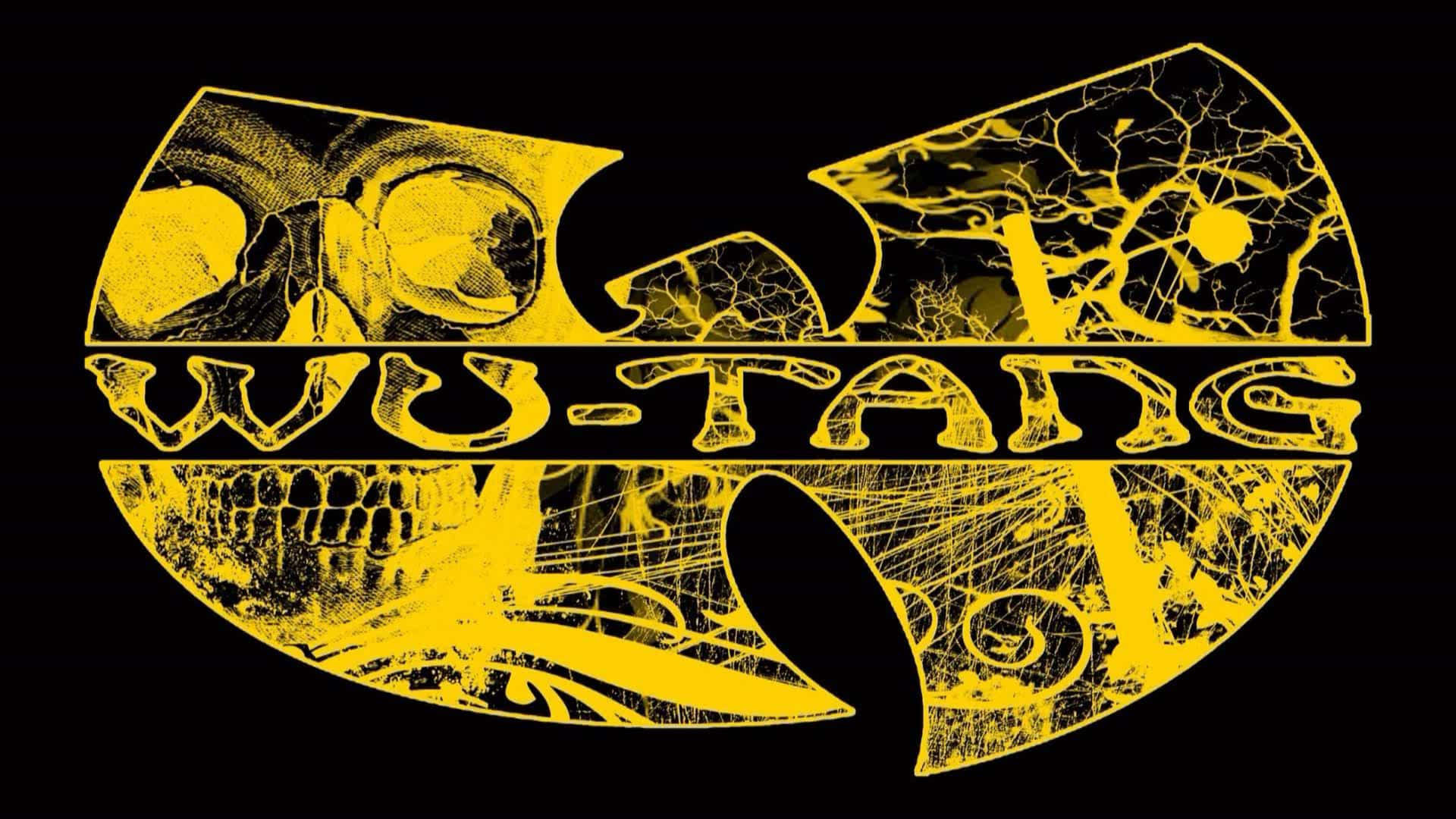 Wu-Tang Clan標誌，帶有裂紋頭骨和部落設計，黃色在黑色上。