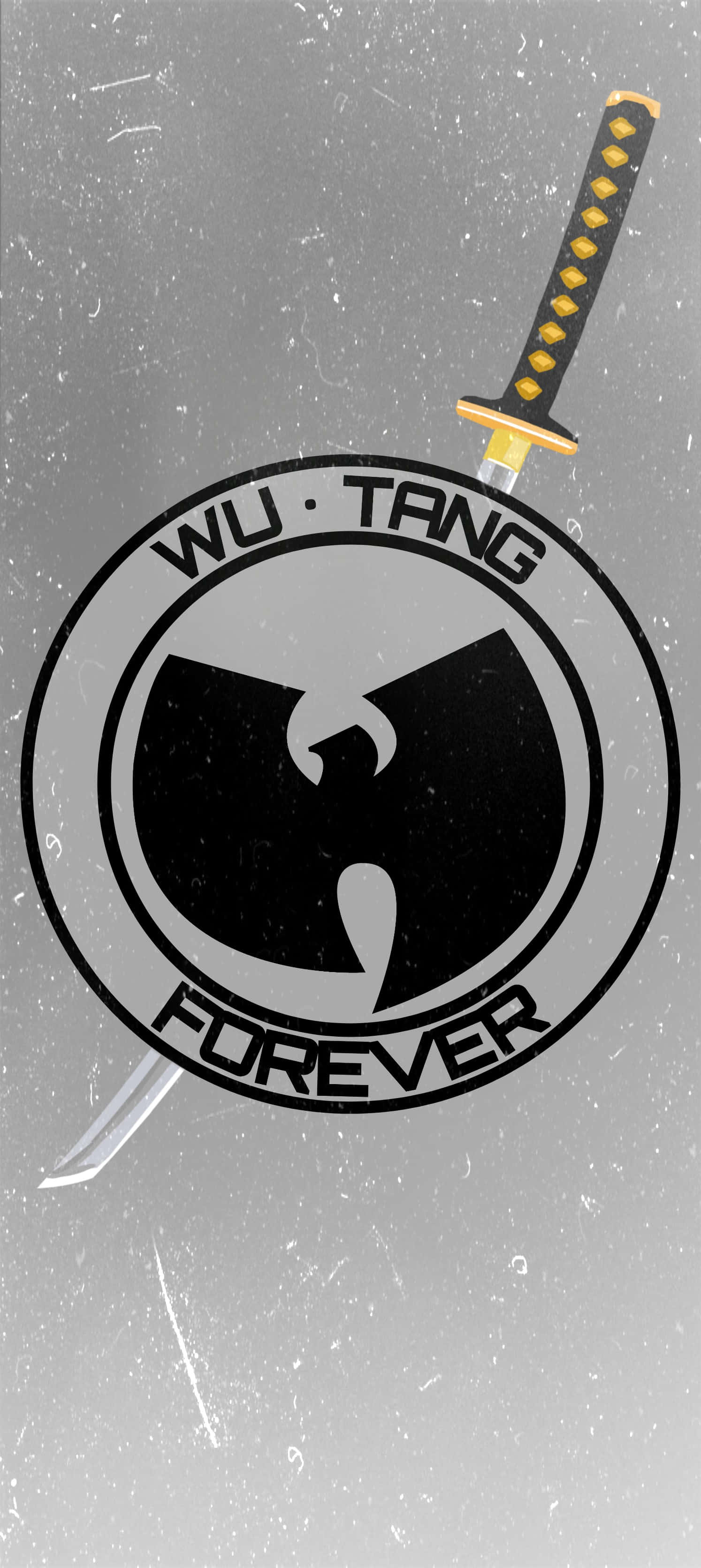 武當幫官方標誌 壁紙 — 一把武士刀刺穿了武當幫的標誌，背景是粗糙的灰色，帶有刮痕和斑點。
