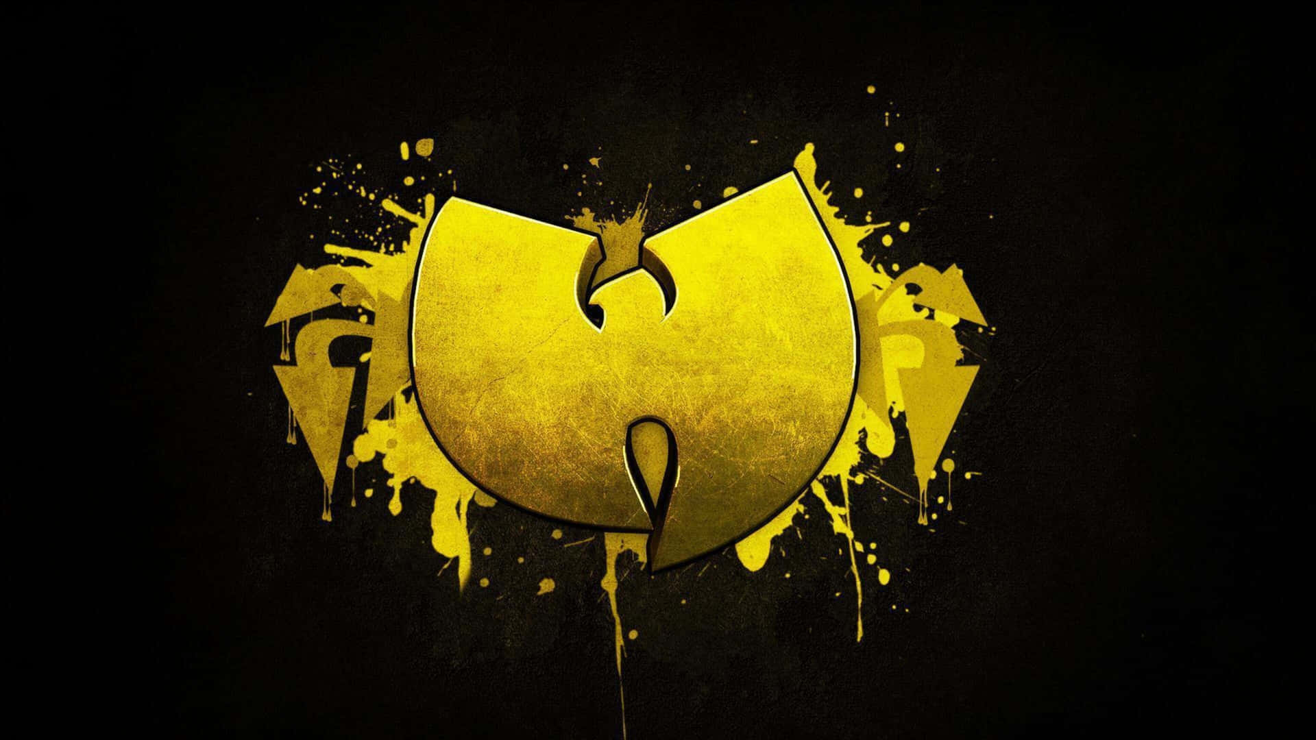金色Wu-Tang Clan標誌，黑色背景上帶有油漆飛濺效果。