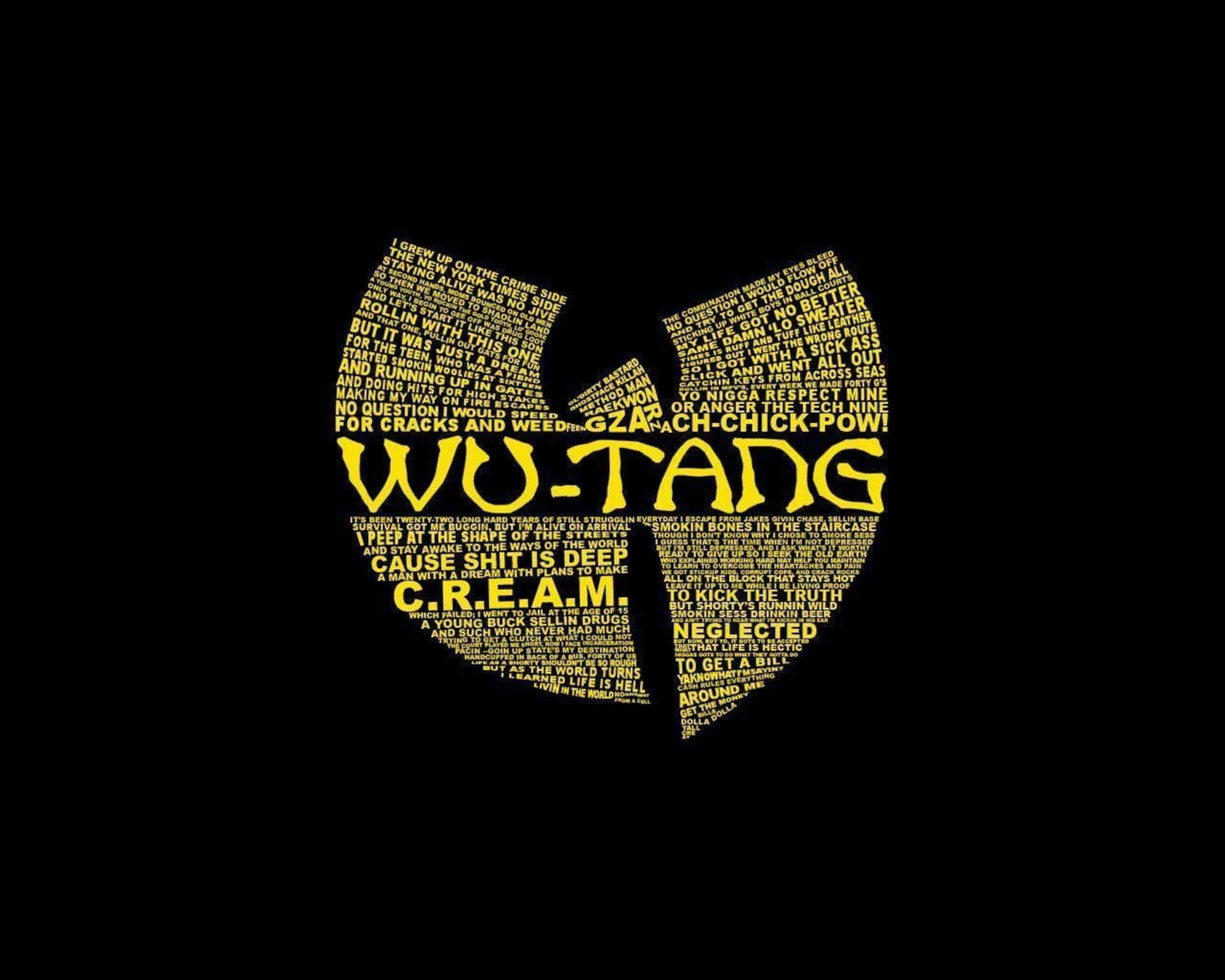 由黃色歌詞在黑色上組成的Wu-Tang Clan標誌。
