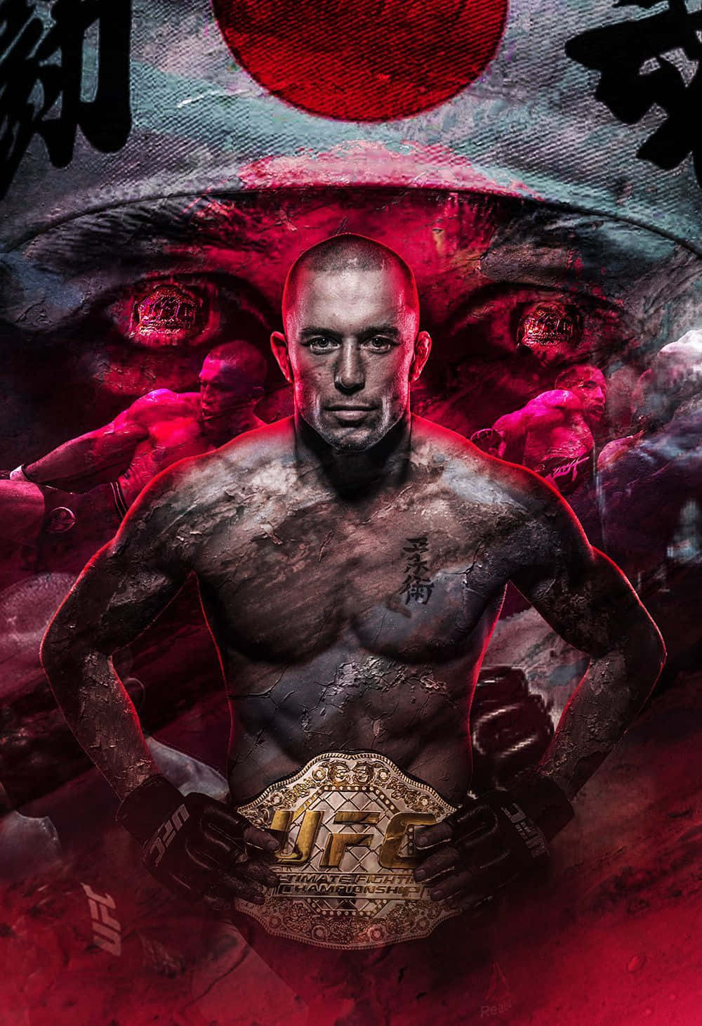 UFC拳手在紅太陽下舉起冠軍腰帶，背後有發光的眼睛。