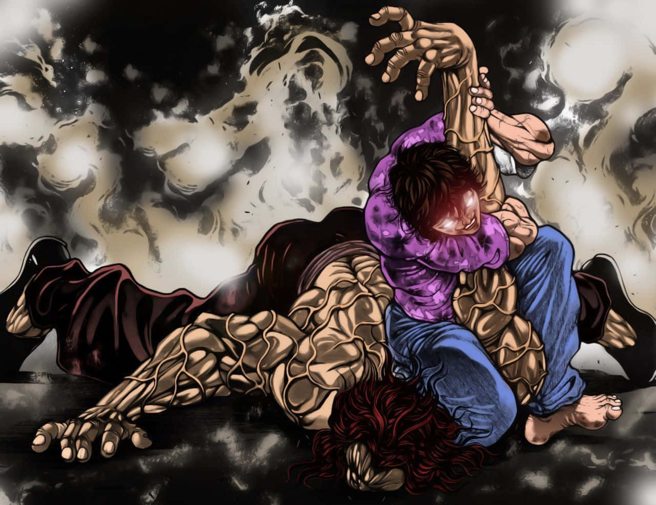 武術家巴奇·漢馬 壁紙 — 一個肌肉發達的人物穿著紫色襯衫和藍色牛仔褲，被一隻怪獸般的骷髏手勒住脖子，背景是旋轉的黑暗暴風雨天空。