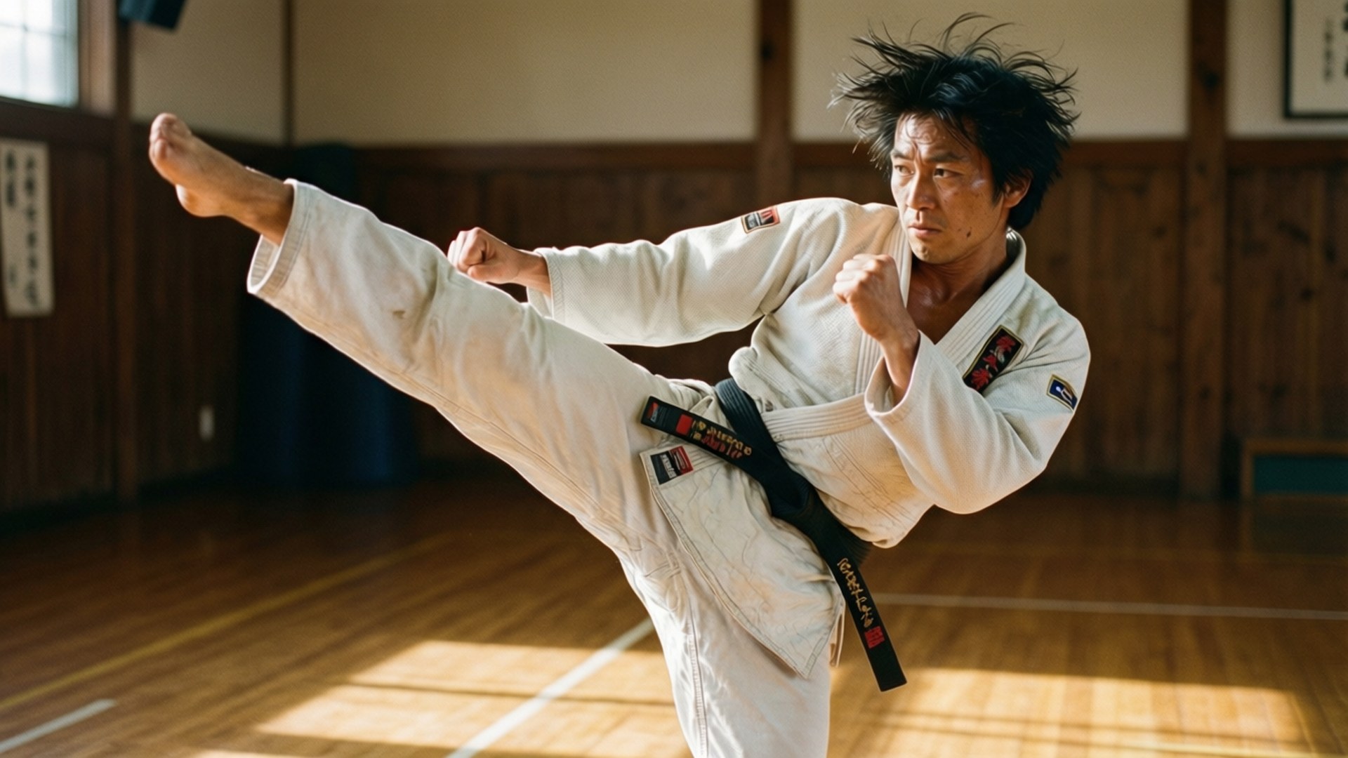 武術家在傳統道場訓練中執行高踢。