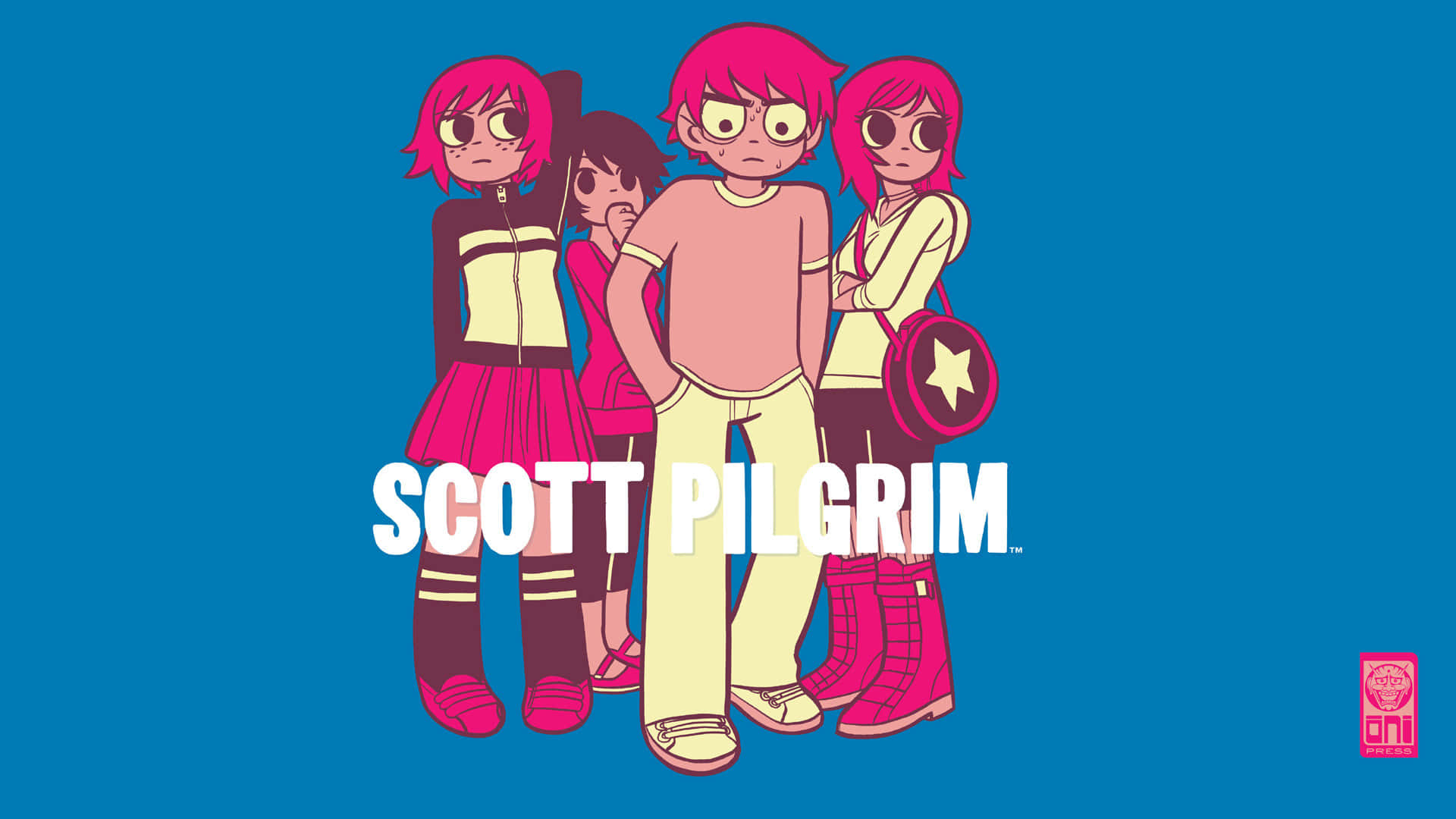 四個動漫風格角色，粉紅色頭髮，一起站在藍色背景前，有 'Scott Pilgrim' 文字。