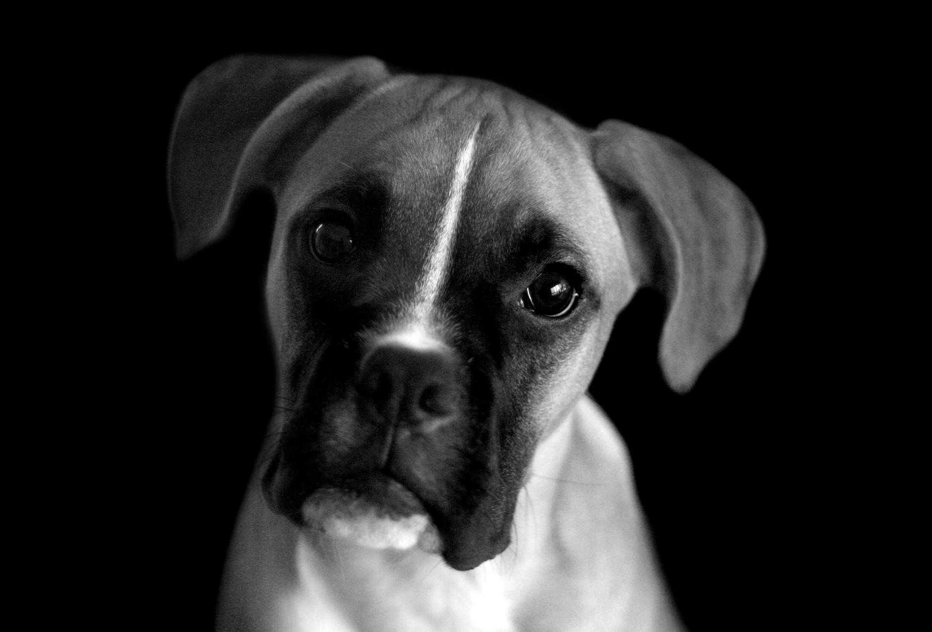 拳師犬幼犬臉部的特寫，眼睛深色，背景黑色。