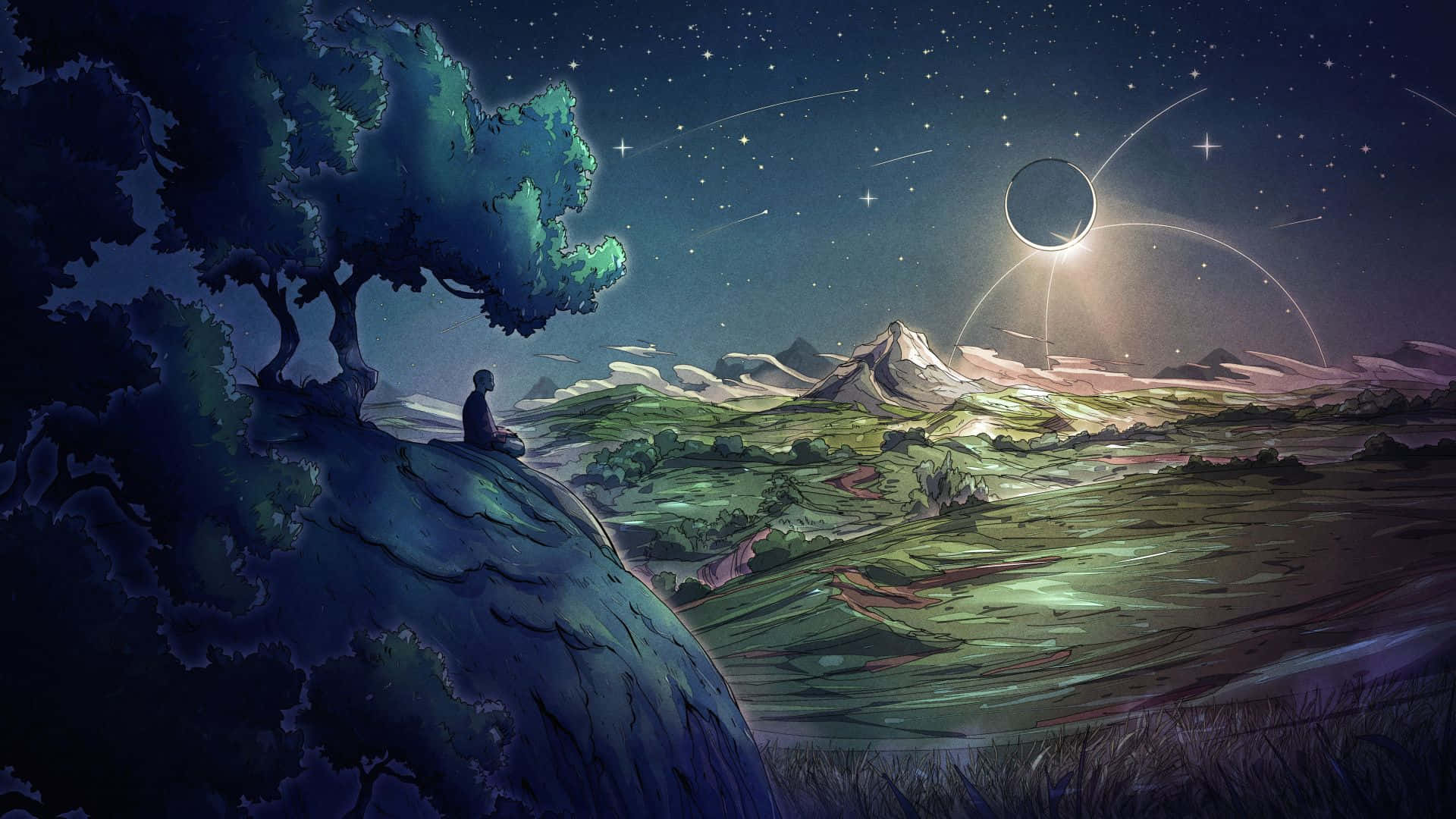 歷久彌新的寧靜 壁紙 — 一個孤獨的身影坐在山頂的樹下，凝視著星際外星景觀上的宇宙日食。