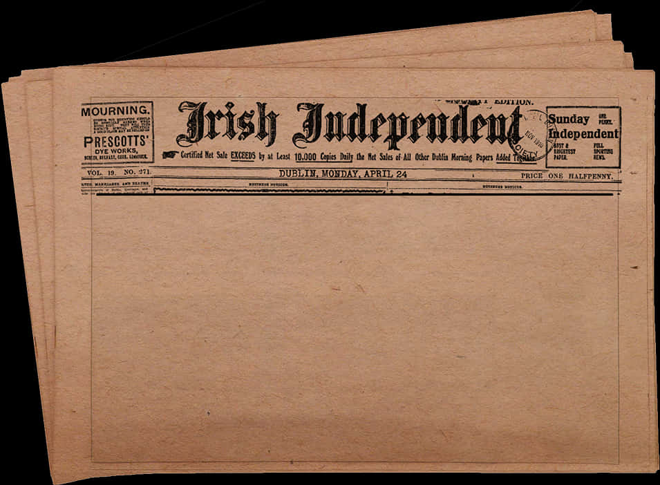 歷史性愛爾蘭獨立報 壁紙 — 一堆陳舊的Irish Independent報紙頁面，帶有粗體黑色標題和泛黃的紙張，背景為深色。