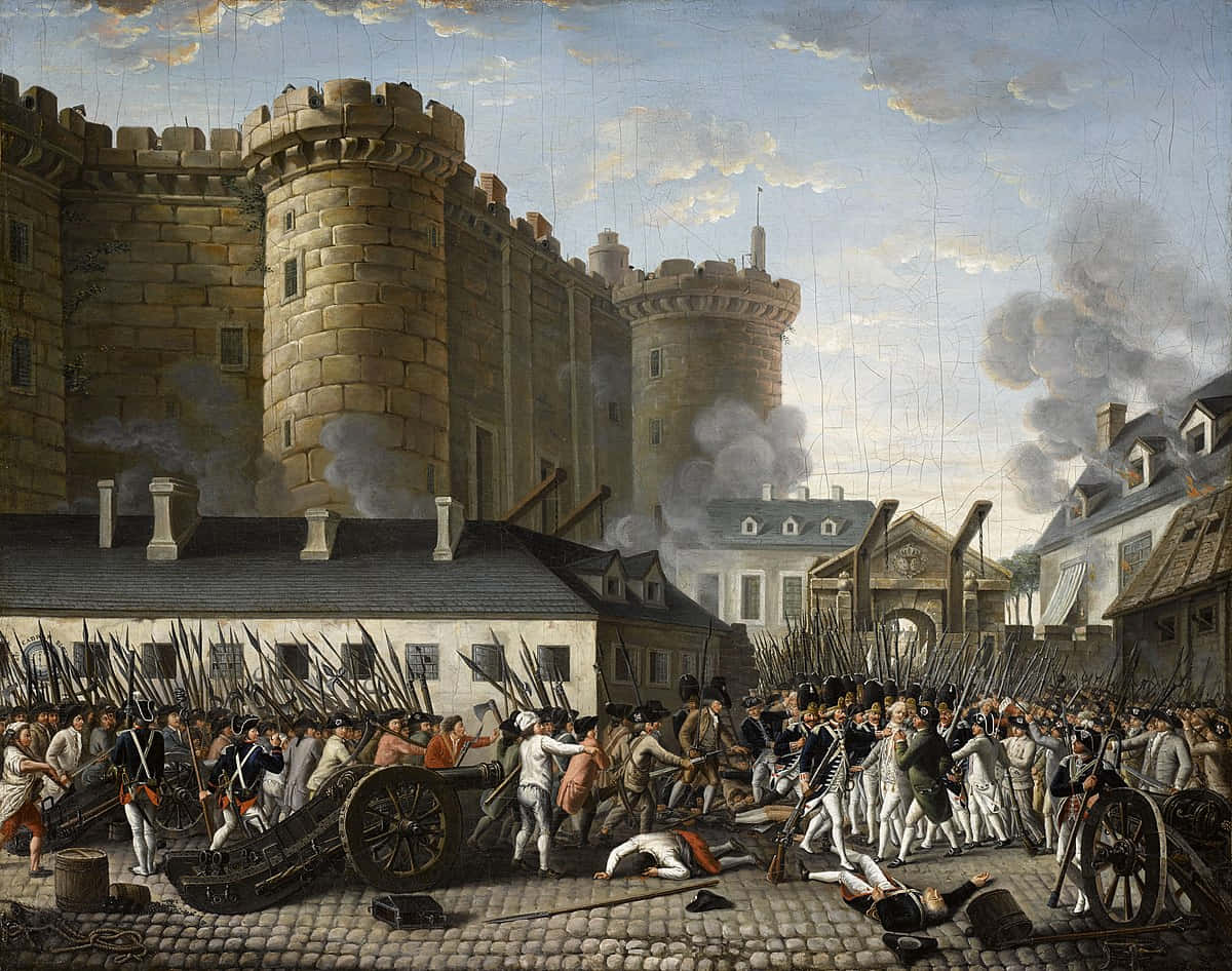 french 桌布 壁紙 — 歷史戰鬥場景，士兵在陰天背景下於石城堡牆前交戰。