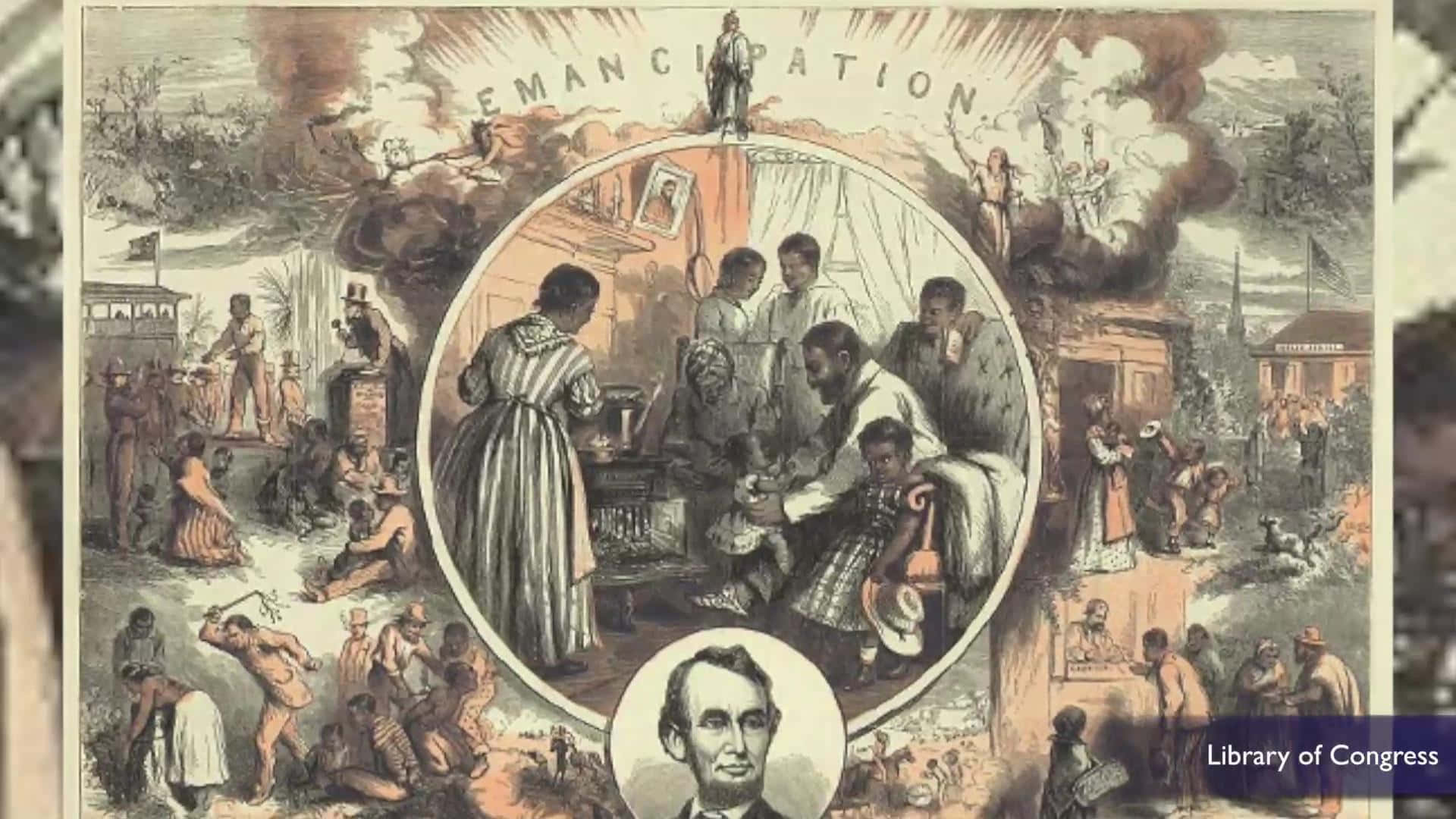Juneteenth 桌布 壁紙 — 歷史插圖描繪解放，中央家庭場景、亞伯拉罕·林肯肖像，以及周圍的非裔美國人生活和自由場景。