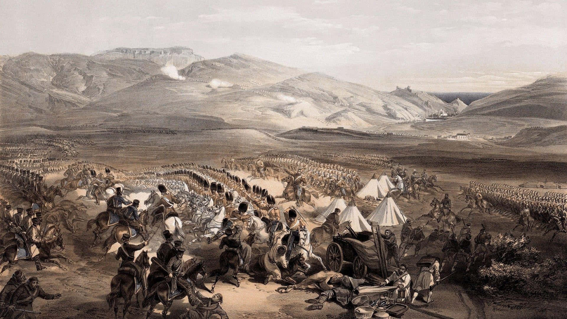 歷史戰場，騎兵和步兵在山區景觀中戰鬥。