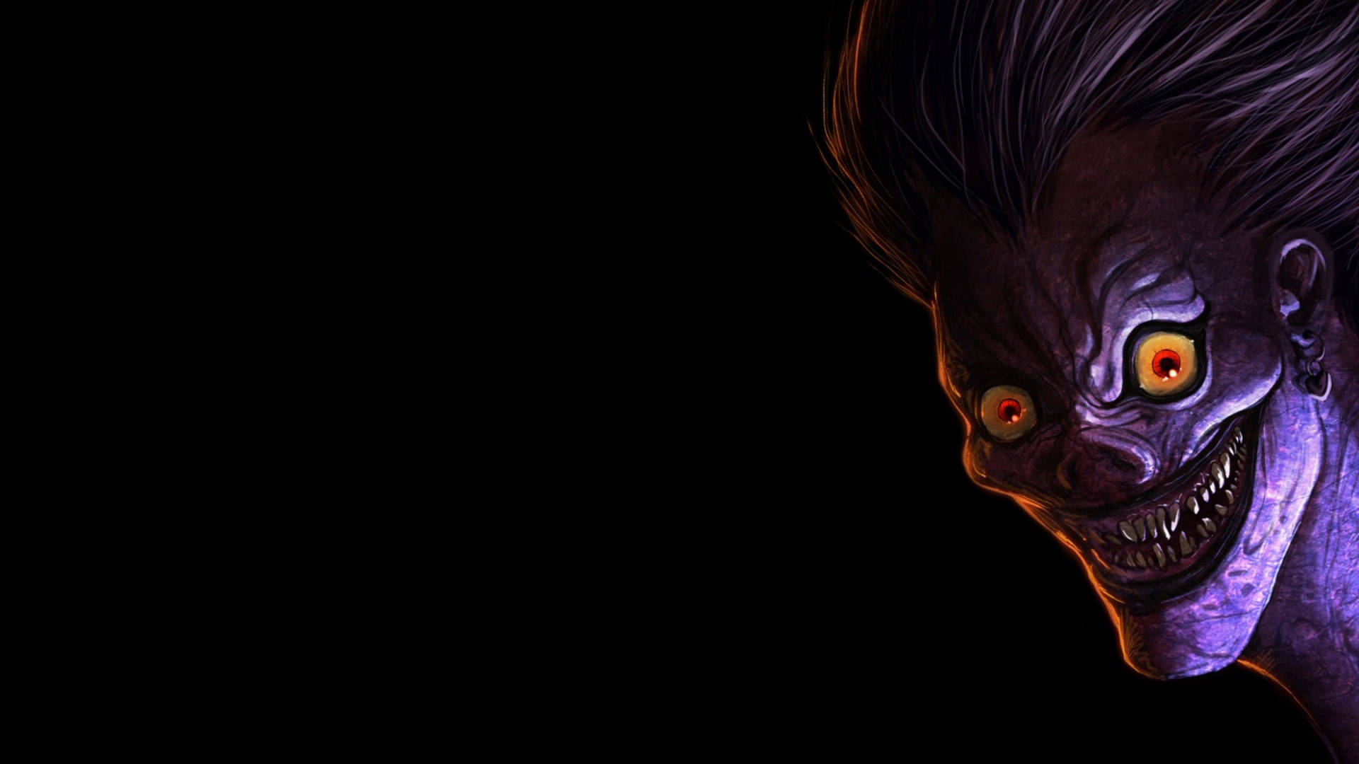 紫色皮膚、發光橙色眼睛和尖銳牙齒的恐怖角色從黑暗中出現。