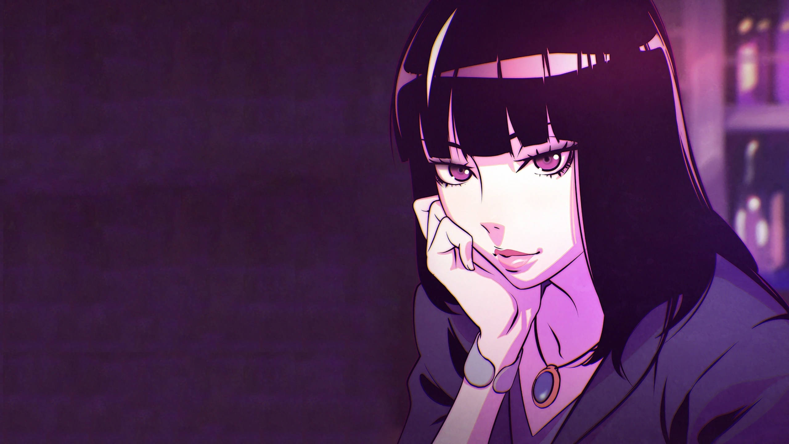 死亡審判 Chiyuki 壁紙 — 一個黑髮的憂鬱動漫女孩在紫色環境燈光下將下巴擱在手上。