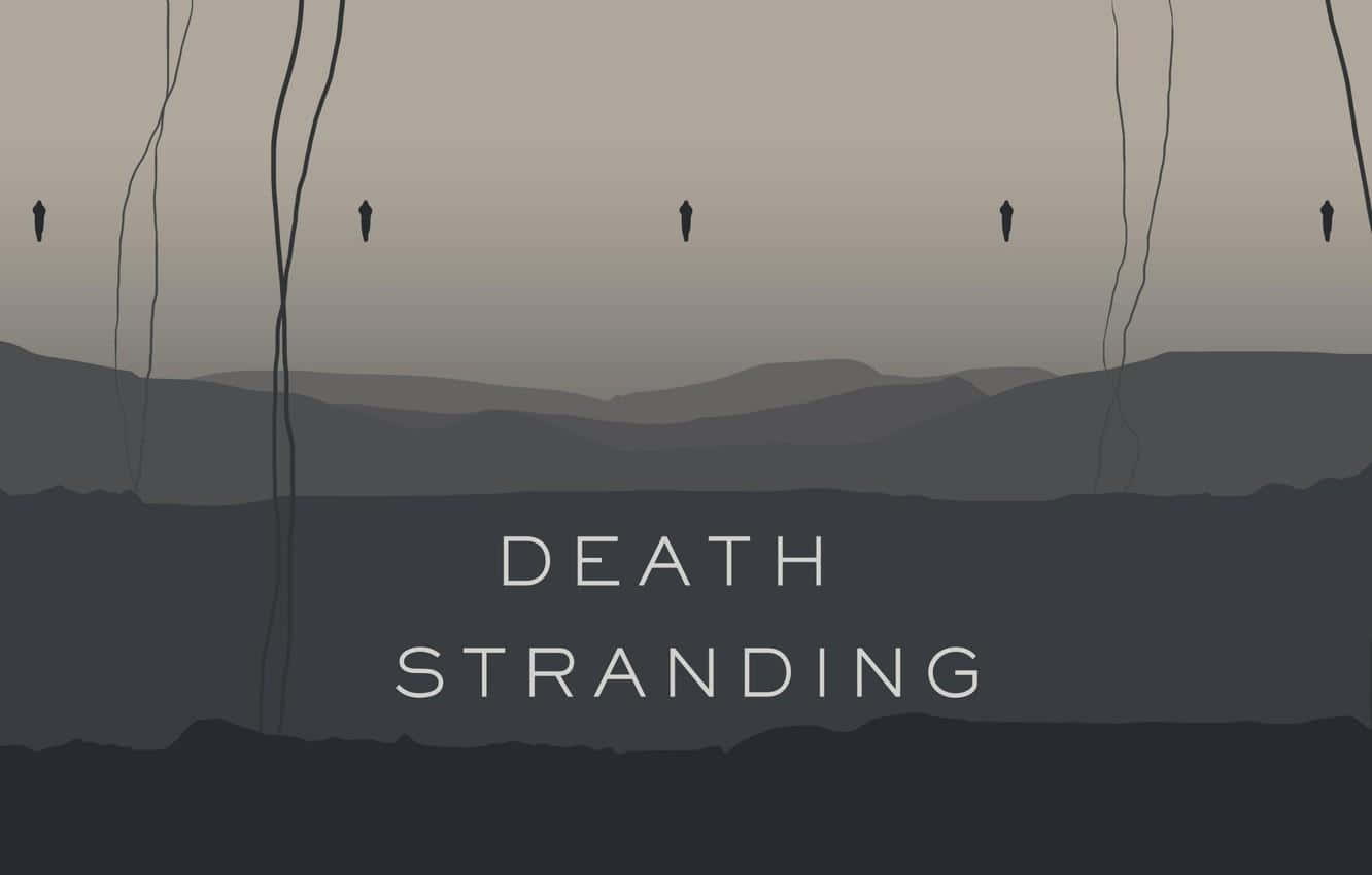 剪影懸掛在纜線上，山巒上方有《Death Stranding》標題。