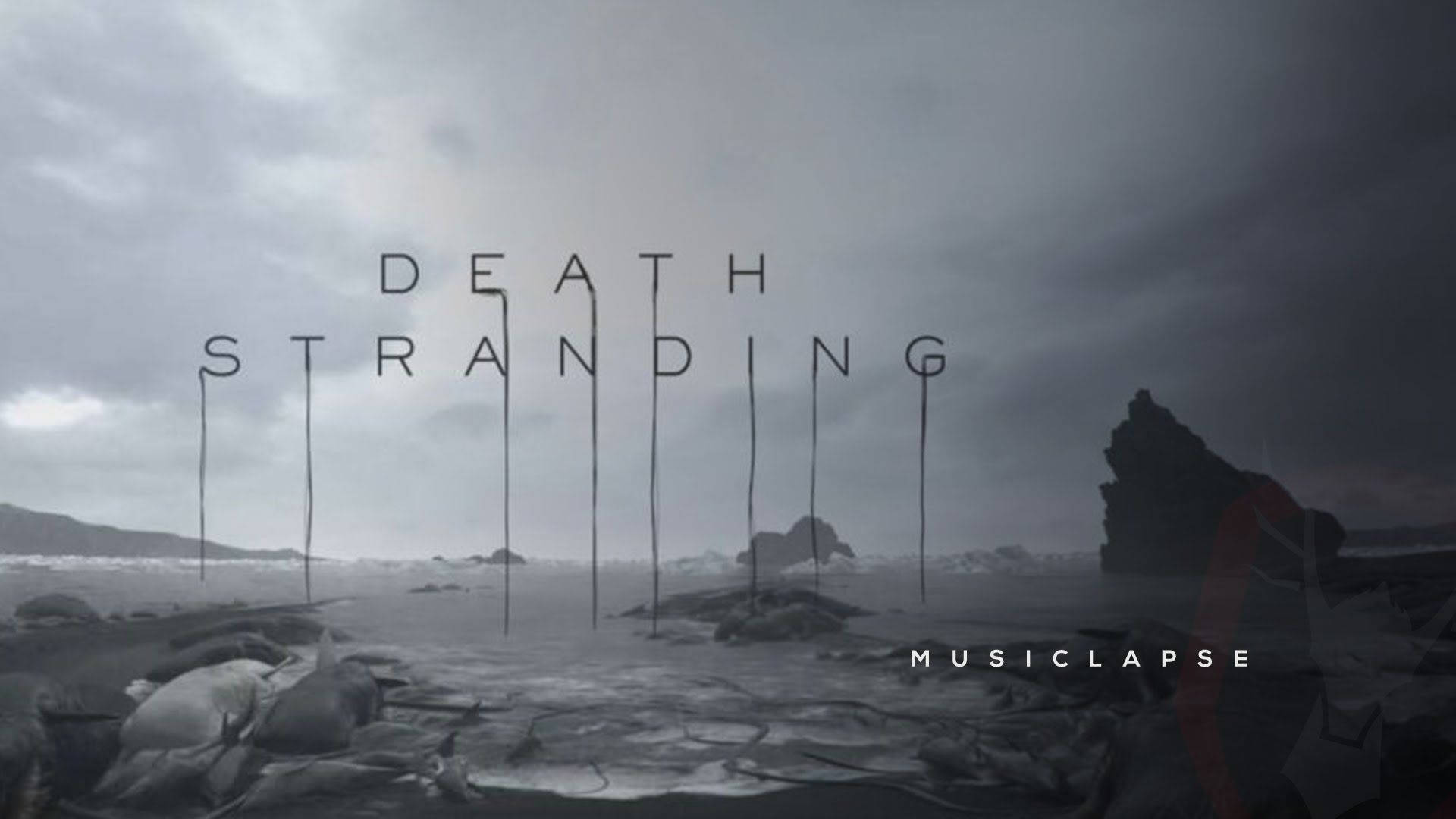 陰鬱的海岸場景，文字「DEATH STRANDING」懸掛在空中。