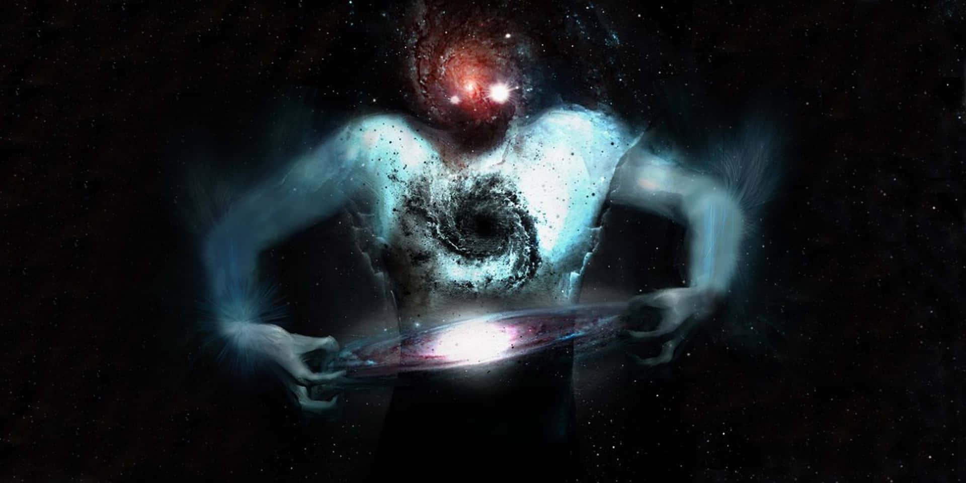 宇宙實體，銀河軀幹，在繁星虛空中手持發光圓盤