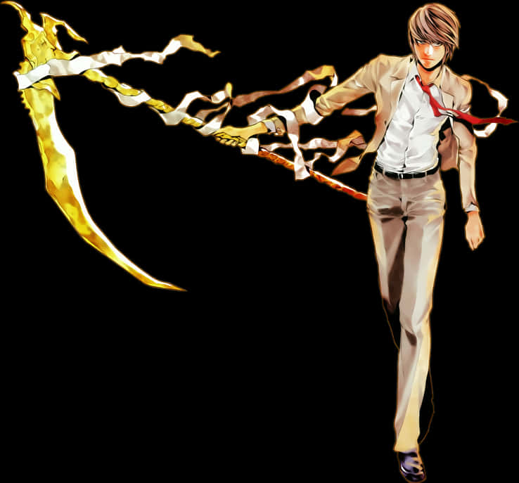 《死亡筆記》光之神·夜神月力量 壁紙 — 身穿米色西裝的動漫角色在黑色背景上揮舞著發光的金色鐮刀。