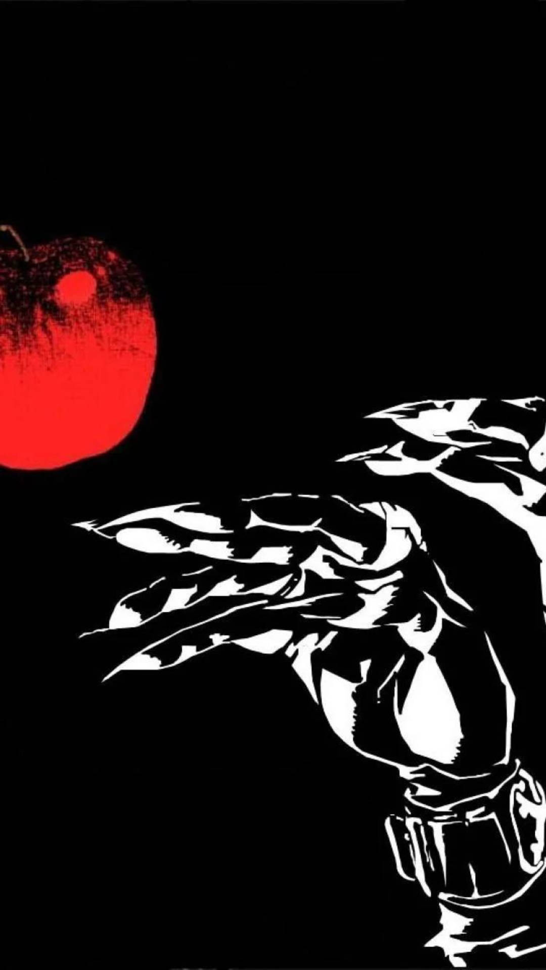 死亡筆記本iPhone死神之手與蘋果 壁紙 — 一幅鮮明的黑白插圖，描繪一隻骷髏手伸向虛空中的一個鮮紅蘋果。