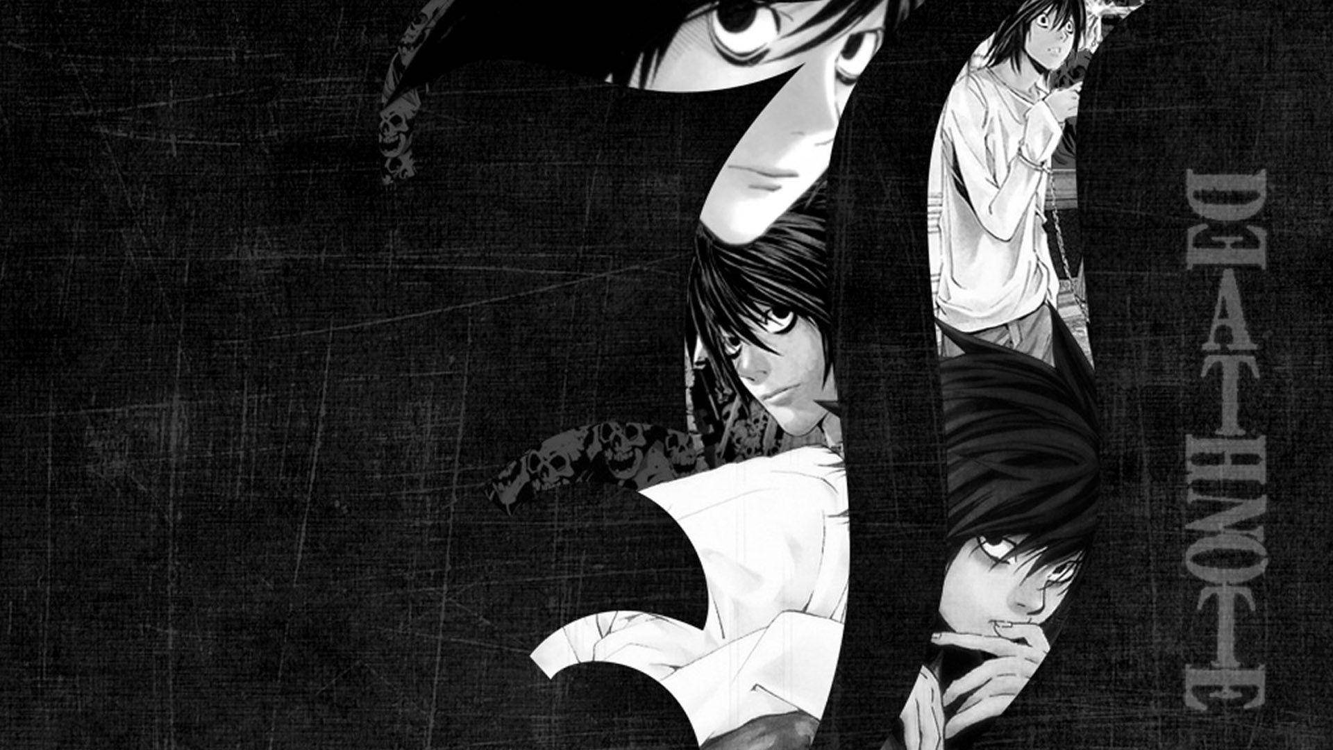 《死亡筆記》的動漫角色以黑白呈現，表情戲劇化。
