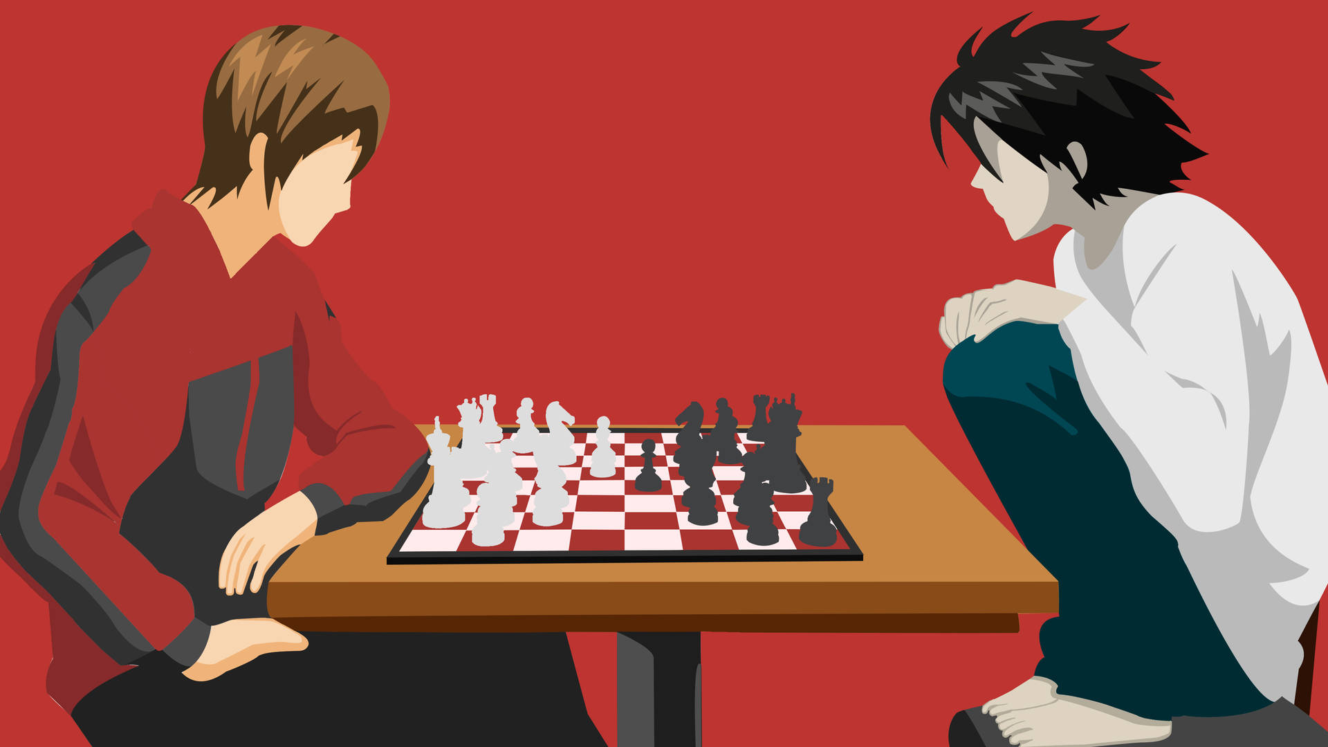 兩個男孩在紅色房間裡全神貫注地下棋。