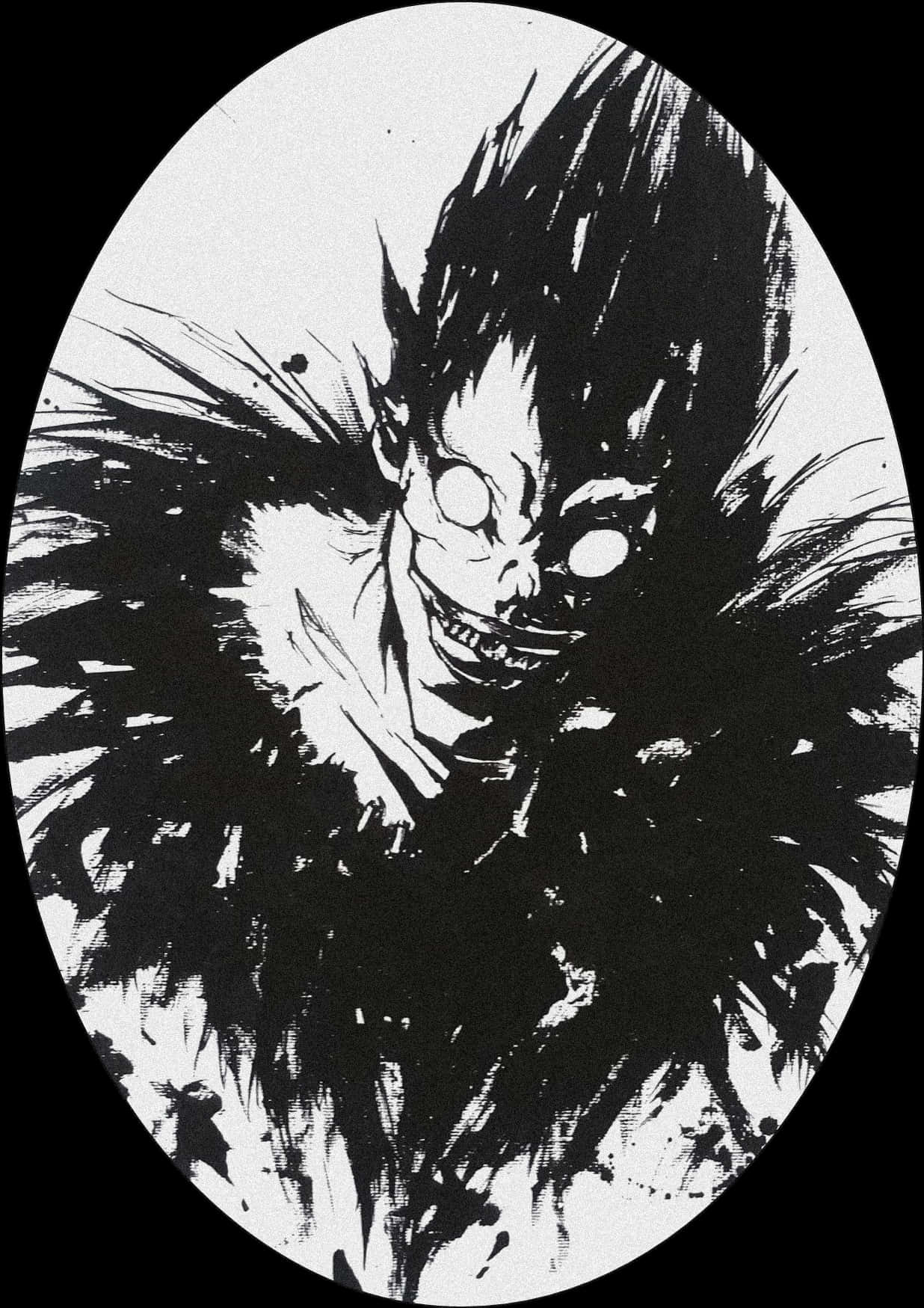 死亡筆記本琉克角色插畫 壁紙 — 一個橢圓形框架內，一個帶有狂野頭髮和發光眼睛的骷髏人物的威脅性黑白動漫風格插圖。