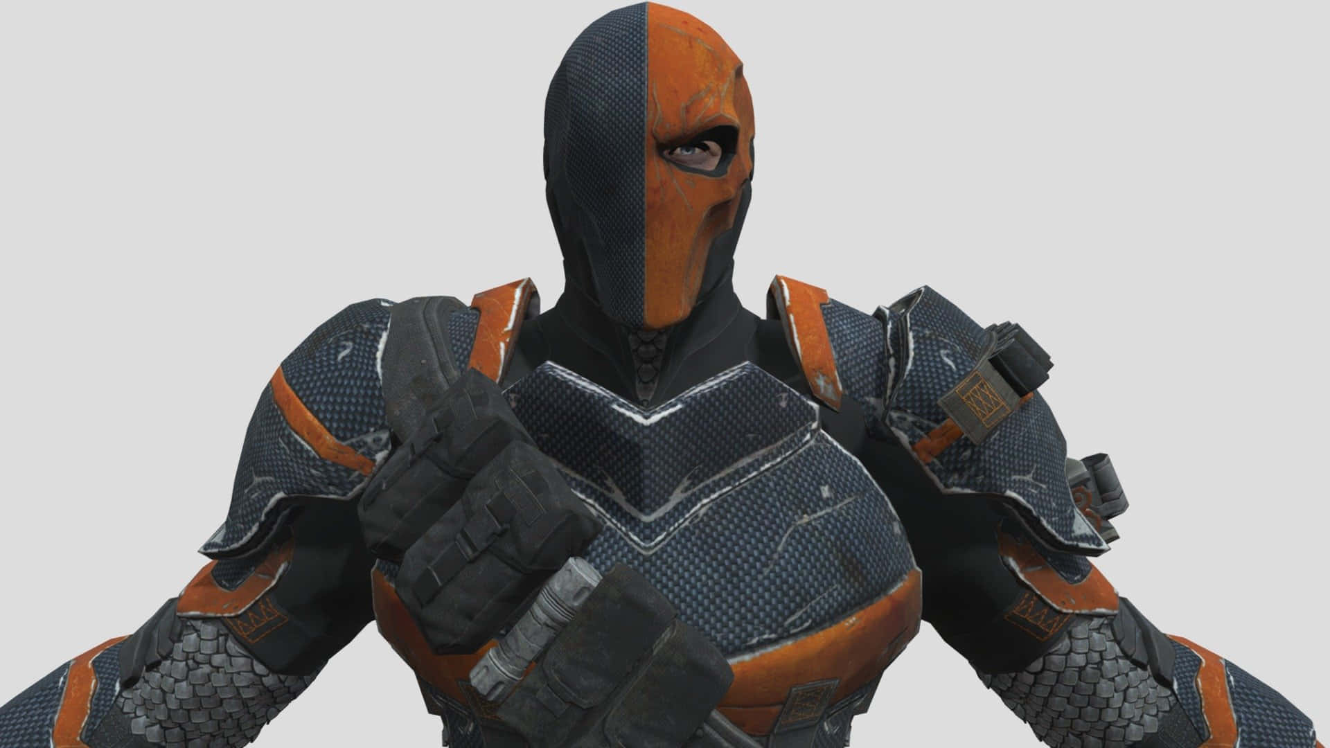 Deathstroke 身穿黑橙裝甲服，戴著面具。