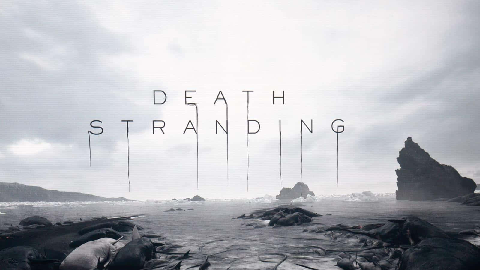 灰色岩石海灘，遊戲標題 Death Stranding 從天空滴落。